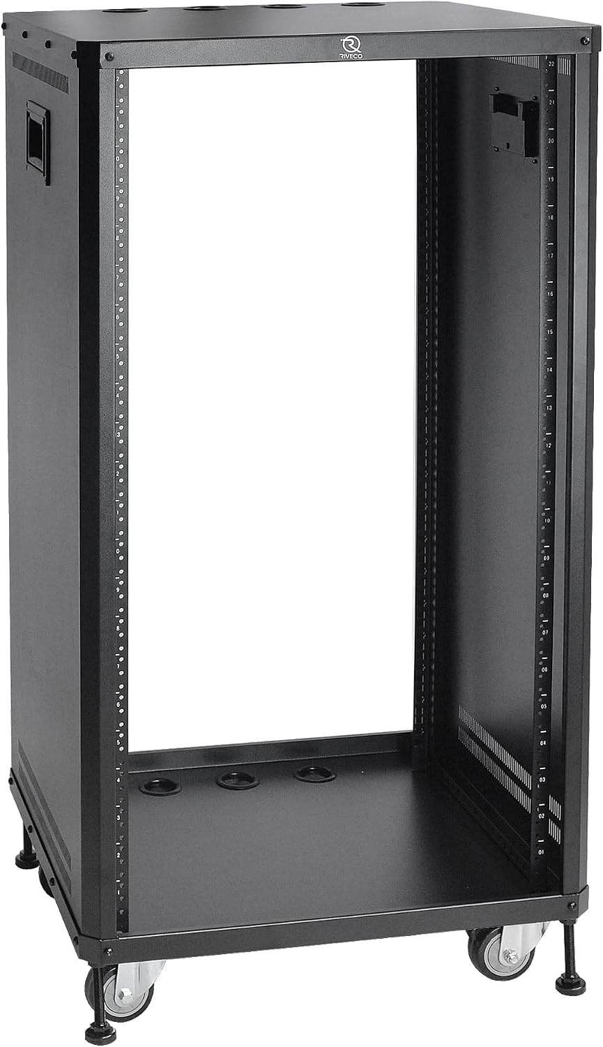 RIVECO 22U Stereo & Studio Rack with Caster Wheels, Rolling Network Cabinet, Open Frame Audio Rack for 19-inch Video Music Recording & IT Equipment Lifting Handle & 10' Rack Shelves 2 PCS