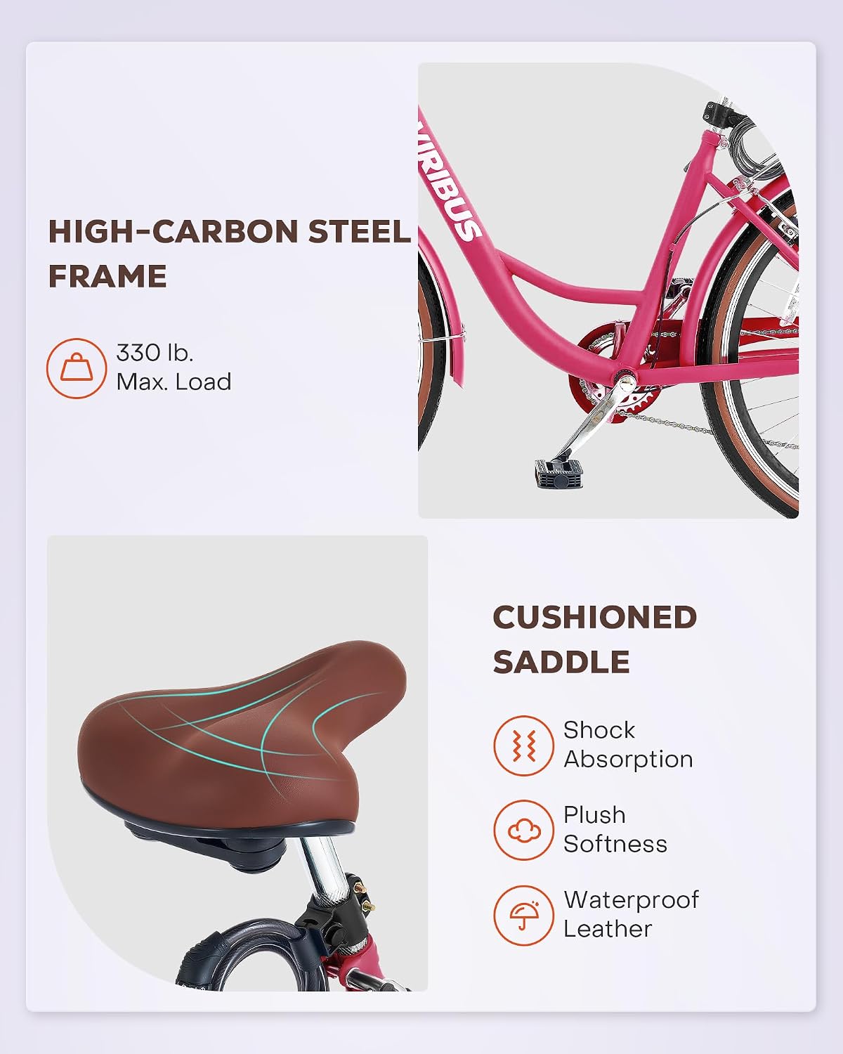 VIRIBUS Womens Cruiser Bike, 7 Speed Beach Cruiser Bike for Women, 26 inch Women Bicycle with Rattan Basket, City Commuter Vintage Retro Step Through Bicycle for Female Ladies Seniors, 330 Lb.