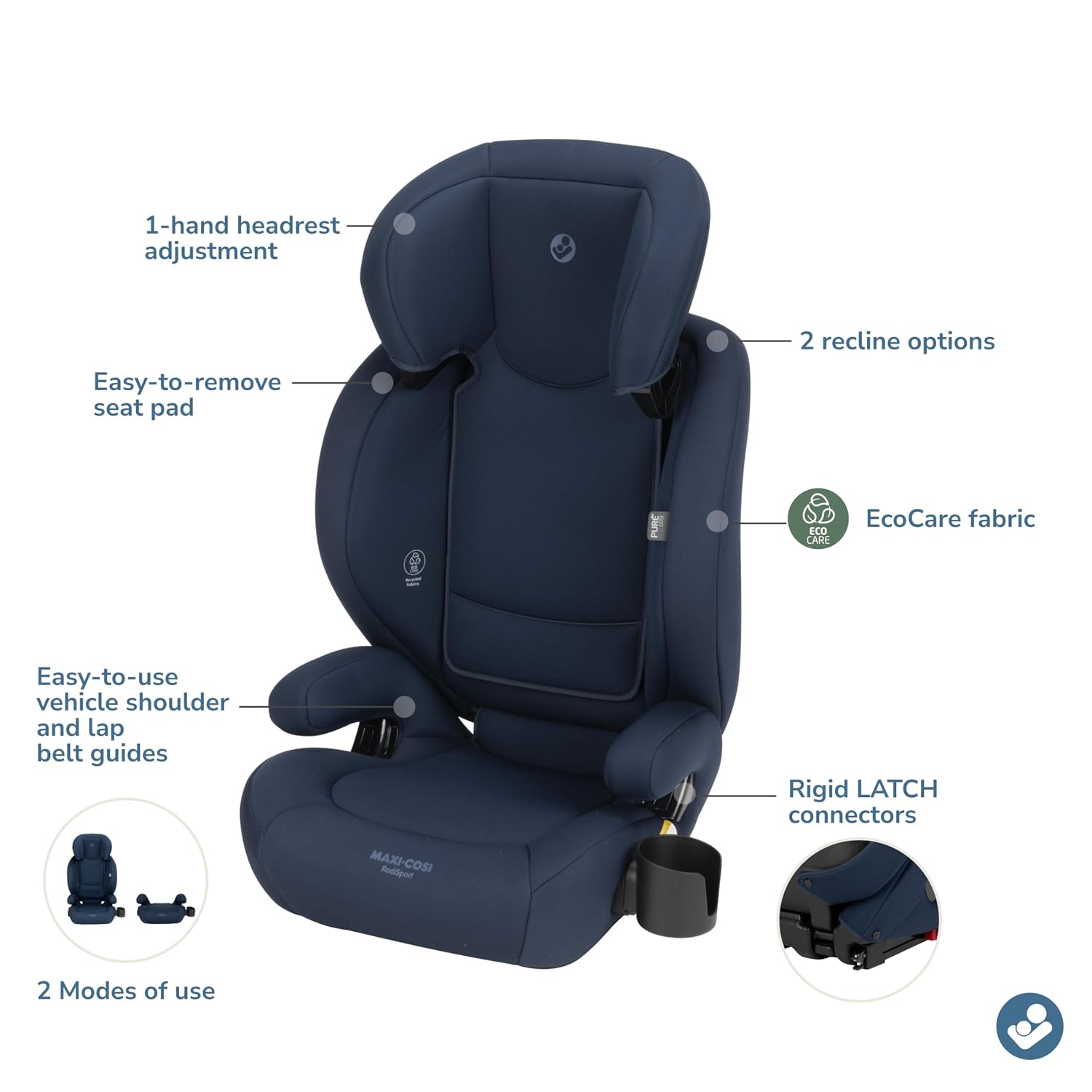 Maxi-Cosi RodiSport Kids Booster Car Seat, High-Back, Backless Booster, 7-Position Headrest, Easy Latch System, Reclining Chair, Belt Guide, Fits 40-100 lbs, 43.4-57 in, Seafaring