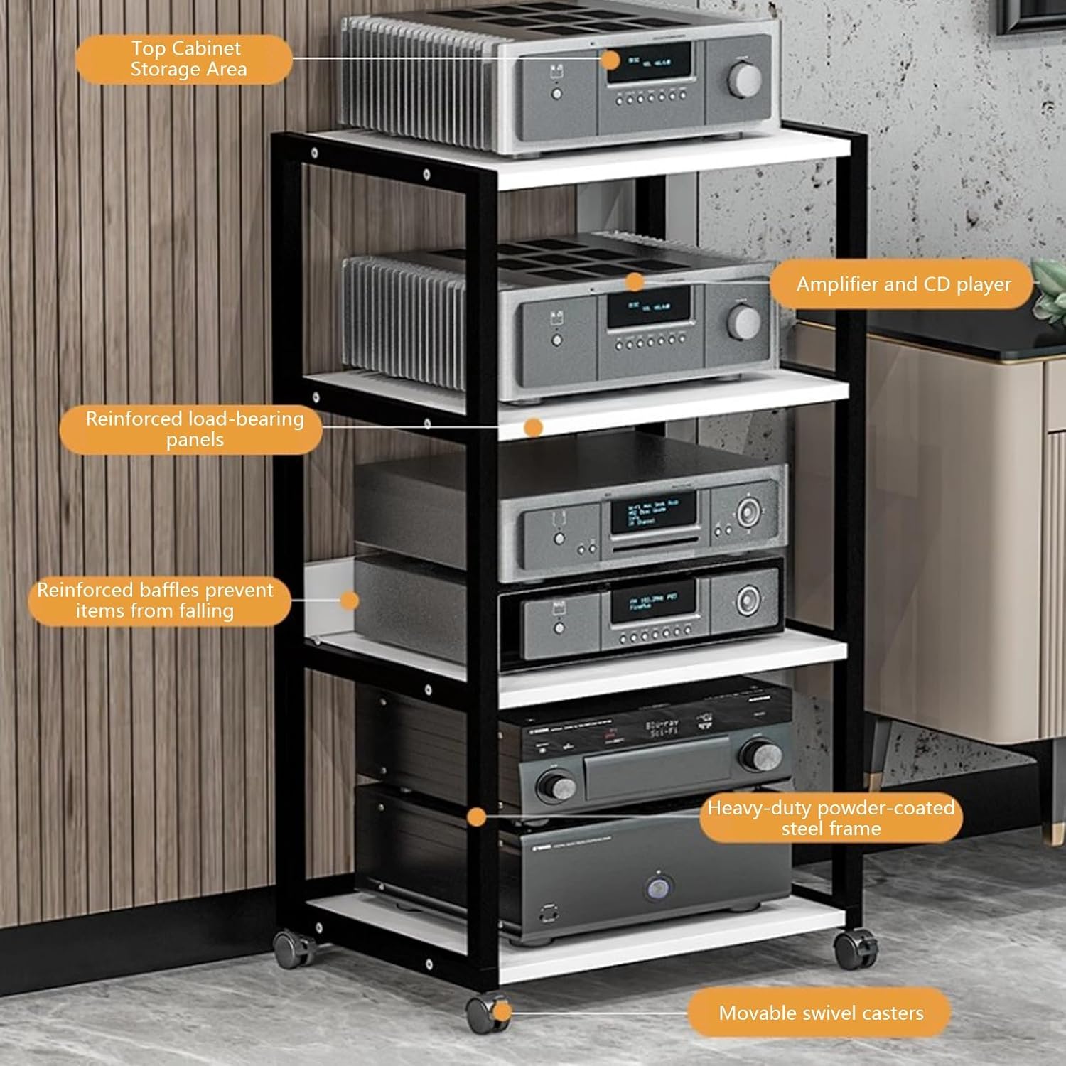 Mobile AV Media Stand on Wheels, 3-Tier Open Storage Rack for HiFi Stereo & Small Video/Audio Equipment, Metal Space-Saving Design, Easy Assembly (Black)