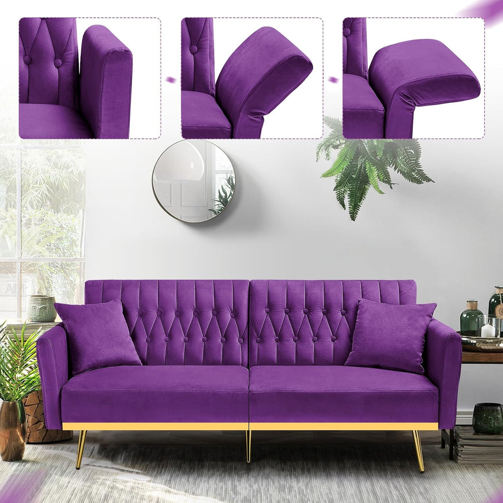 70' Velvet Futon Sofa Bed with 2 Pillows and Adjustable Armrests, Convertible Sleeper Bed W/Adjustable Backrests, Modern Loveseat for Living Room, Bedroom, Purpel