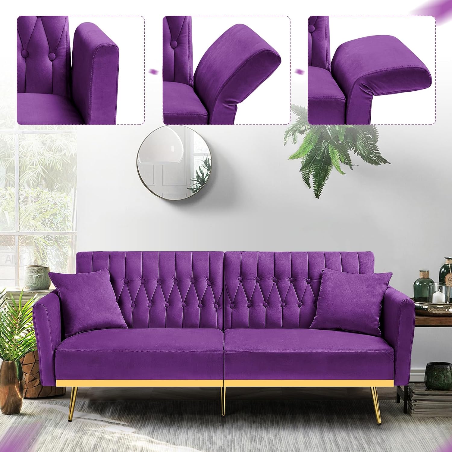 70' Velvet Futon Sofa Bed with 2 Pillows and Adjustable Armrests, Convertible Sleeper Bed W/Adjustable Backrests, Modern Loveseat for Living Room, Bedroom, Purpel