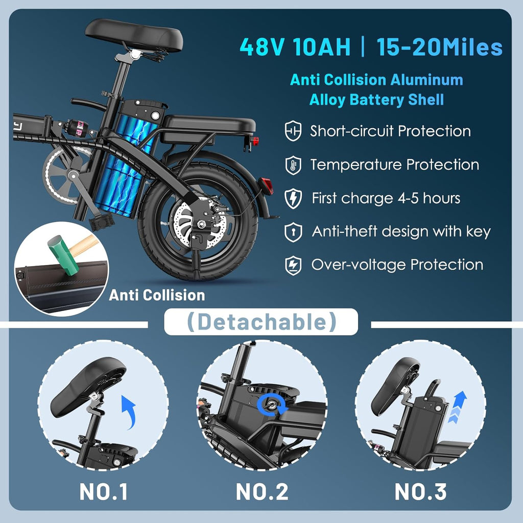 REOCRO Foldable Electric Bike for Adults, 14' Mini Folding E-Bike with 48V 10AH/20AH Removable Battery, 30-60 Miles PAS Range, 700W Peak Motor, Electric Bicycle for Daily Commuting and City Riding