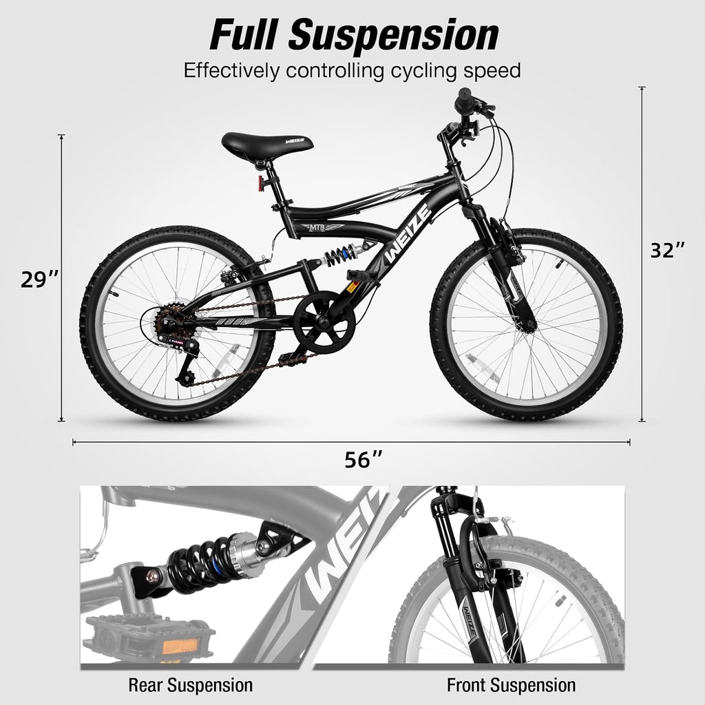 WEIZE Kids Mountain Bike, Kids' Bicycles for 6-14 Years Old Boys Girls with Dual Full Suspension, 6 Speeds Drivetrain, High-Carbon Steel Frame, Ideal for Young Riders and Adventurers