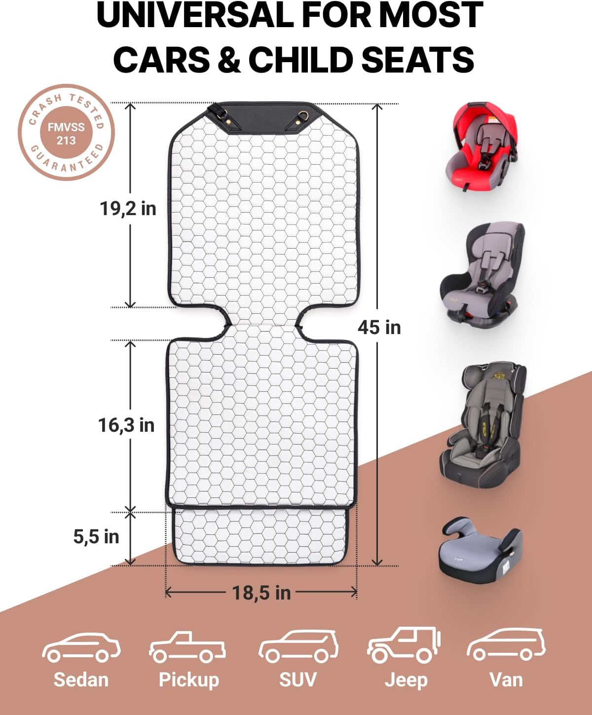 Owleys Set Seat Back Organizer & Car Seat Protector Hexy Waterproof & Non-Slip Protector for Child Car Cushion for Leather and Fabric Seats (White 2 pcs)