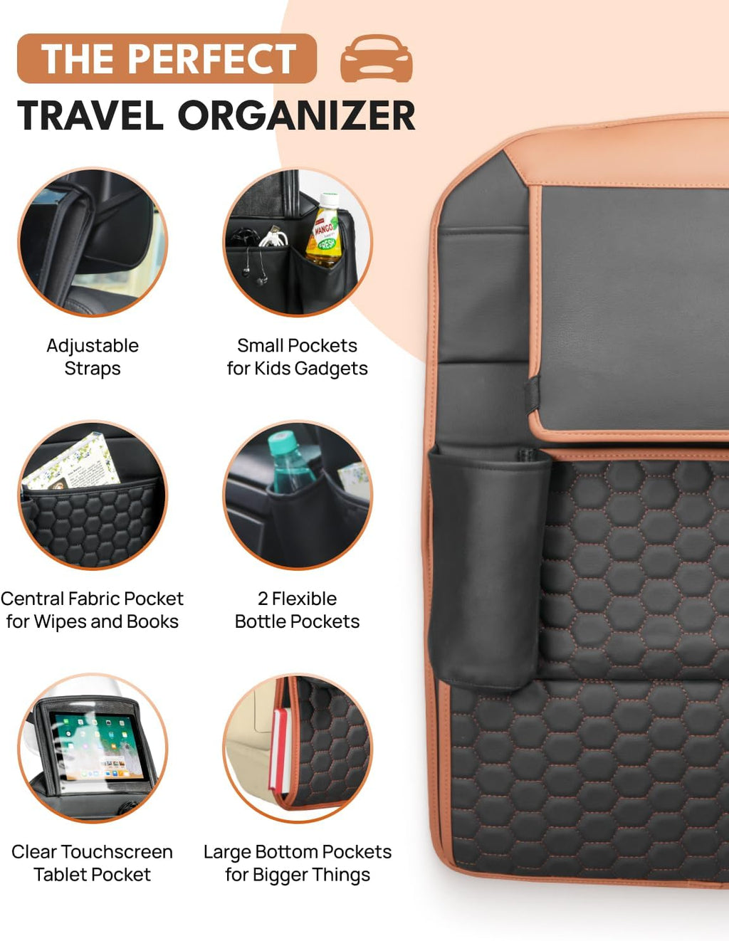 Owleys Set Seat Back Organizer & Car Seat Protector Hexy Waterproof & Non-Slip Protector for Child Car Cushion for Leather and Fabric Seats (Hexy Set 1)