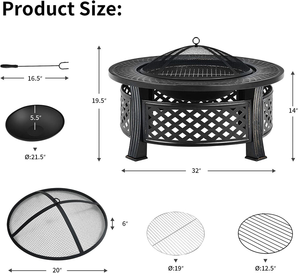 Giantex 3 in 1 Fire Pit, 32' Outdoor Wood Burning Fire Pit, Multifunctional Round Firepit Stove, Metal Fire Bowl with Cover, Portable Fire Pits for Outside Heating, Bonfire, Picnic, Grill