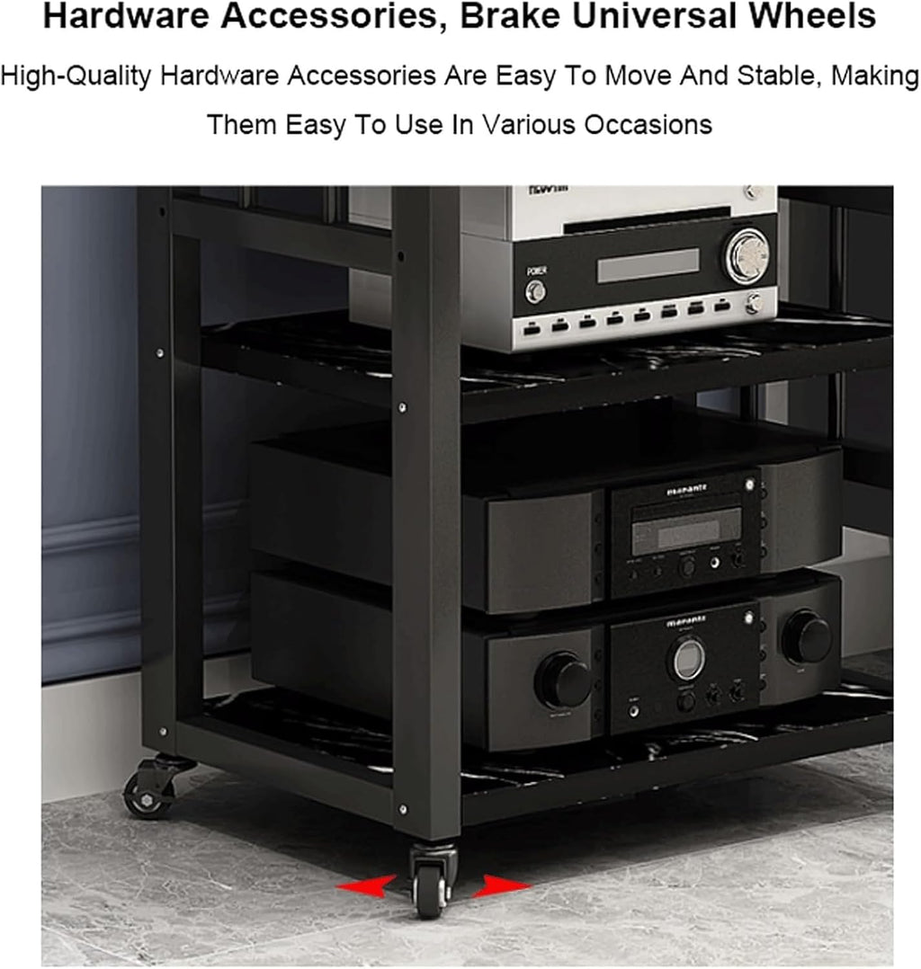 Audio Rack 4 Tier Stereo Rack Audio Equipment Rack Wooden Audio Rack Cabinet Open HiFi Rack with Wheels Audio Component Rack Durable(Nero)