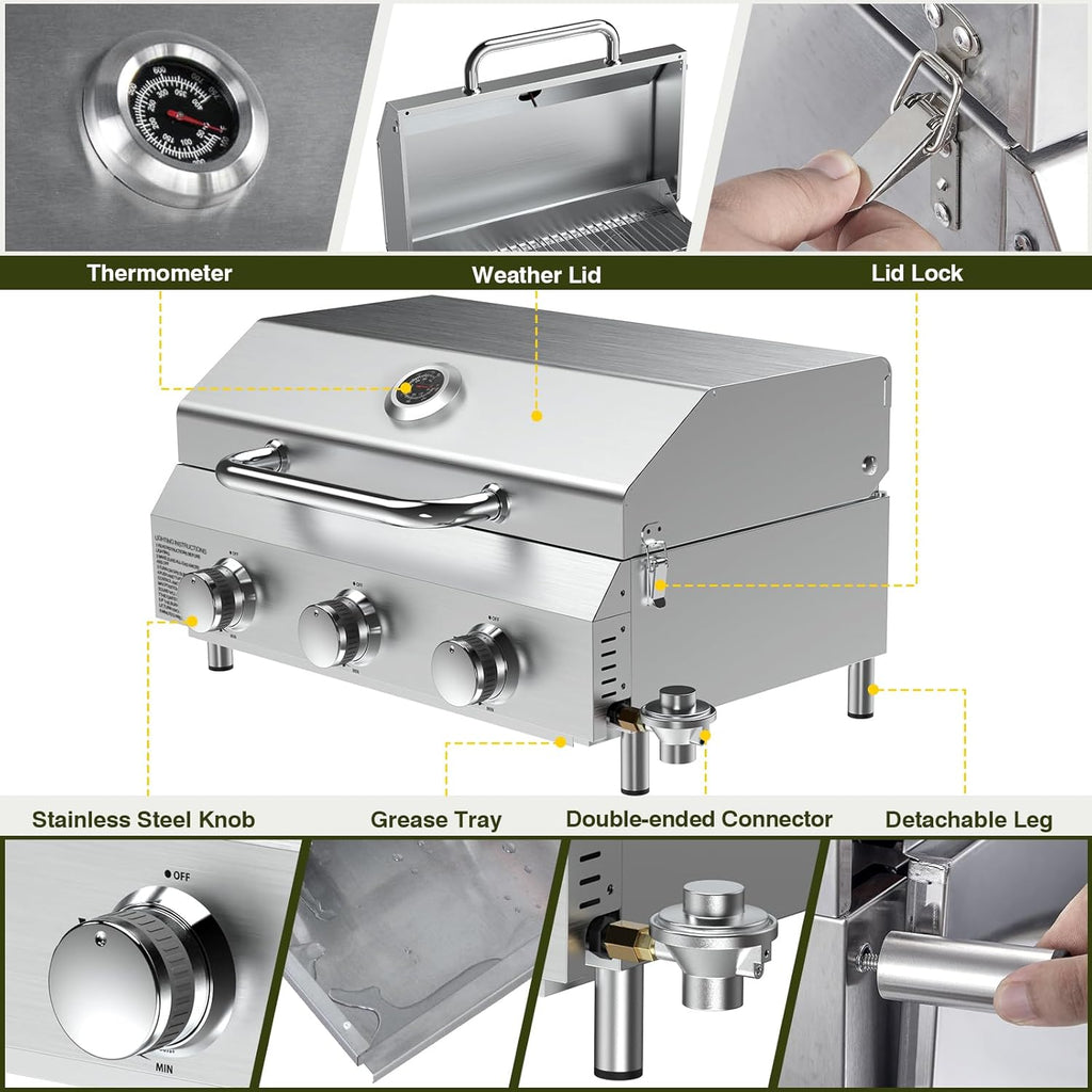 Bestfire 3-Burner Tabletop Propane Gas Grill with Dual Connections, 30,000 BTU Portable Propane Grill Fits Large Cylinders & Small Canisters, Stainless Steel Knobs, Compact Design for Camping, RV, BBQ