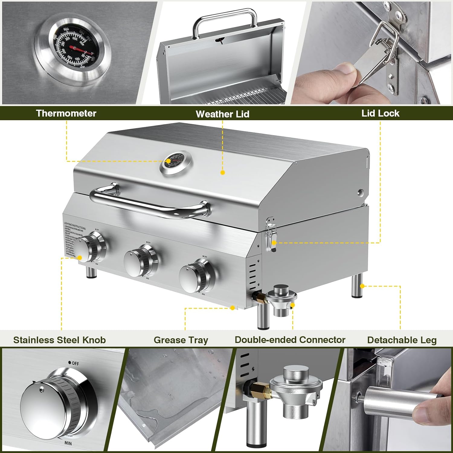 Bestfire 3-Burner Tabletop Propane Gas Grill with Dual Connections, 30,000 BTU Portable Propane Grill Fits Large Cylinders & Small Canisters, Stainless Steel Knobs, Compact Design for Camping, RV, BBQ