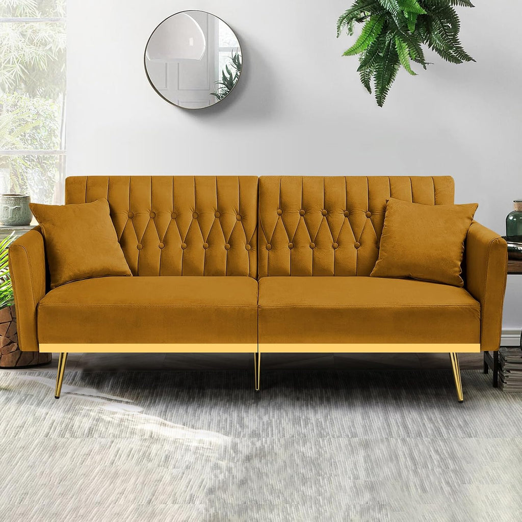 70' Velvet Futon Sofa Bed with 2 Pillows and Adjustable Armrests, Convertible Sleeper Bed W/Adjustable Backrests, Modern Loveseat for Living Room, Bedroom, Ginger