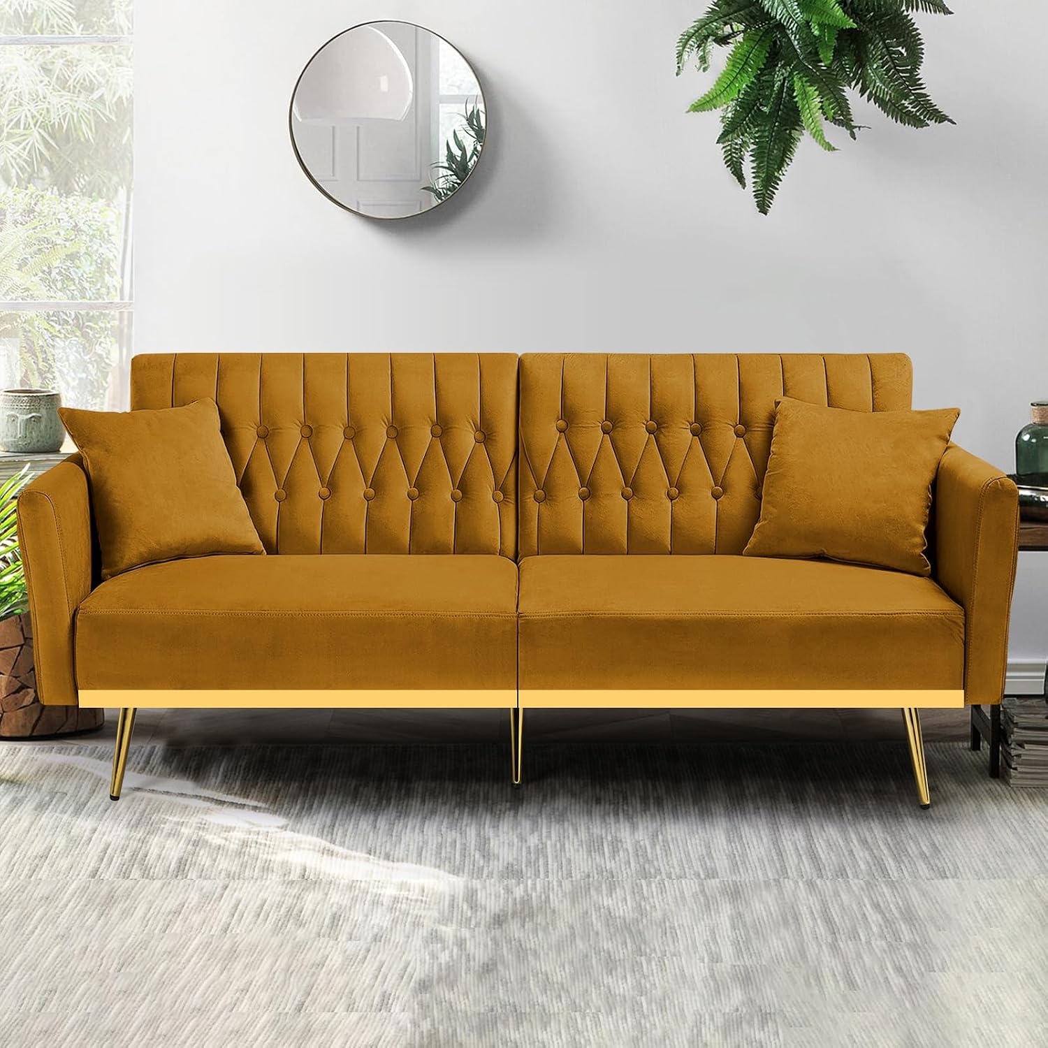 70' Velvet Futon Sofa Bed with 2 Pillows and Adjustable Armrests, Convertible Sleeper Bed W/Adjustable Backrests, Modern Loveseat for Living Room, Bedroom, Ginger
