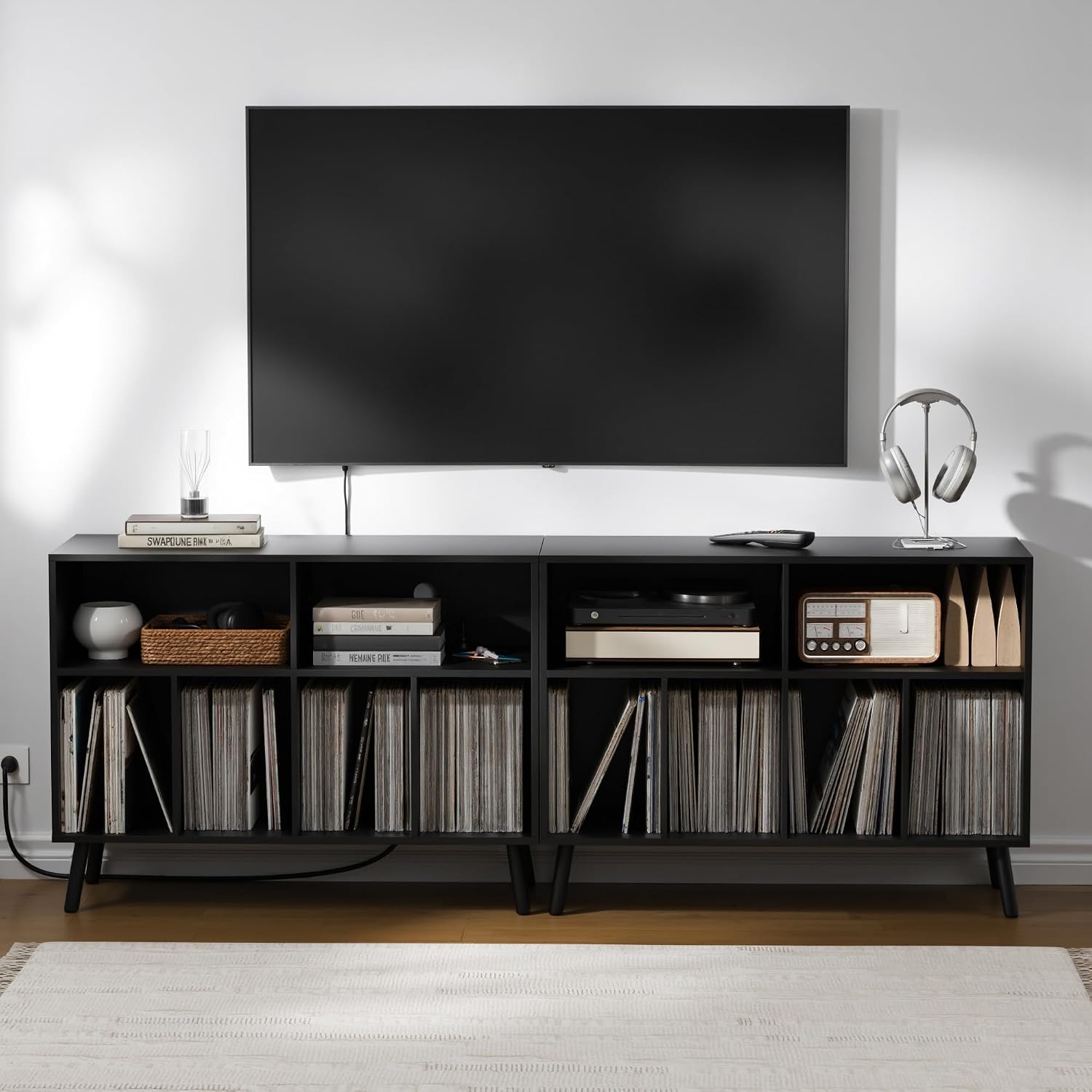 Cozy Castle Record Player Stand with Vinyl Storage Cabinet, Wood Turntable Table Open Shelf Holder Up to 350 Albums Cube Storage Organizer for Living Room, Office, Black