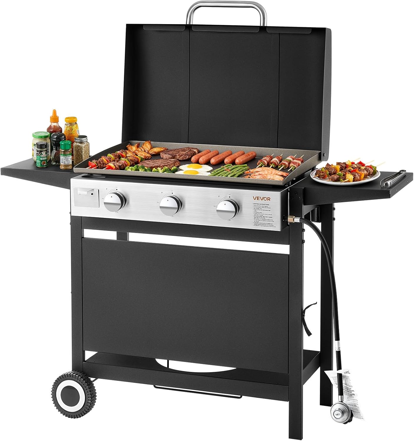 VEVOR Gas Griddle, 3-Burner Flat Top Grill, Propane Griddle with Wheels, Lid, 33000 BTU Outdoor Flat Top Grills for Pan-Frying, Grilling, Stir-Frying, & BBQ, Pulse Ignition, Removable Top Design