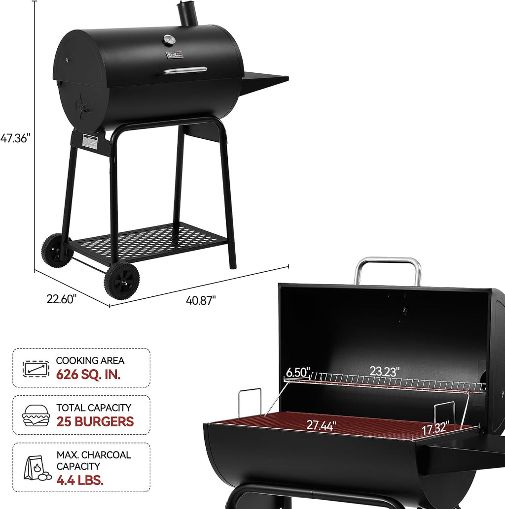 Royal Gourmet CC1830 28 Inch Barrel Charcoal Grill with Warming Rack, Outdoor BBQ Grill with 626 Sq. In. Grilling Space for Backyard, Patio and Parties, Black