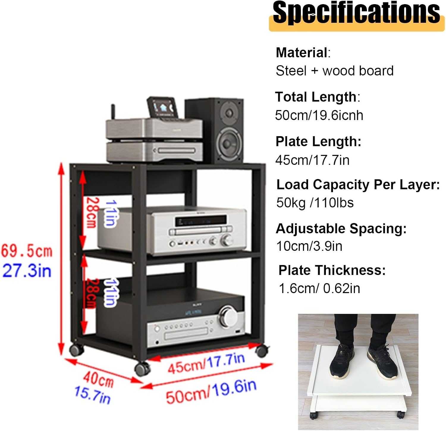 WDJBPSH Audio Equipment Rolling Cart Rack Portable 19/27 inch - Large Stereo Cabinet Black with Storage Office Bedroom Living Room Av Media Shelf(Style 2,3 Tier - H 69.5cm/27.3 in)