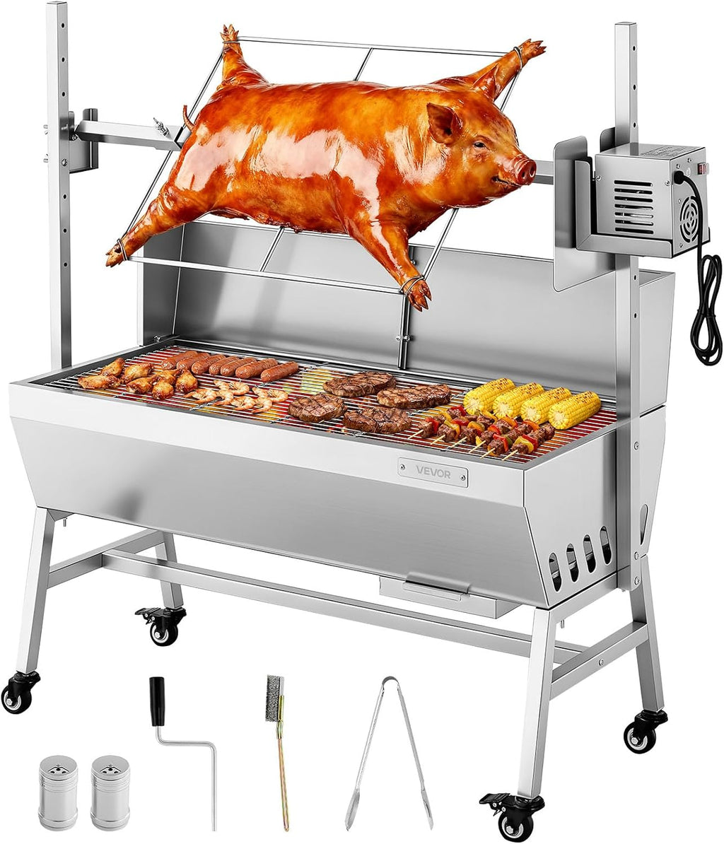 VEVOR Rotisserie Grill, 37in BBQ Outdoor Pig & Lamb Spit Roaster, Charcoal Spit Roaster with 132 LBS Load Capacity & 7-Level Height, Stainless Steel Electric Rotisserie Grill Kit for Camping Outdoor