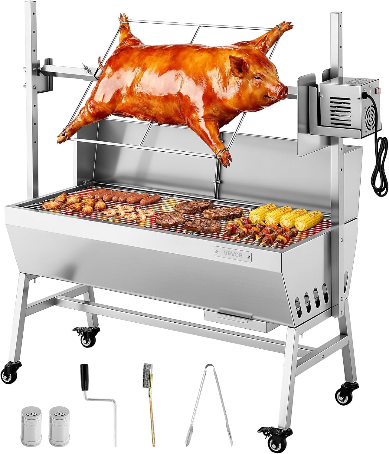 VEVOR Rotisserie Grill, 37in BBQ Outdoor Pig & Lamb Spit Roaster, Charcoal Spit Roaster with 132 LBS Load Capacity & 7-Level Height, Stainless Steel Electric Rotisserie Grill Kit for Camping Outdoor
