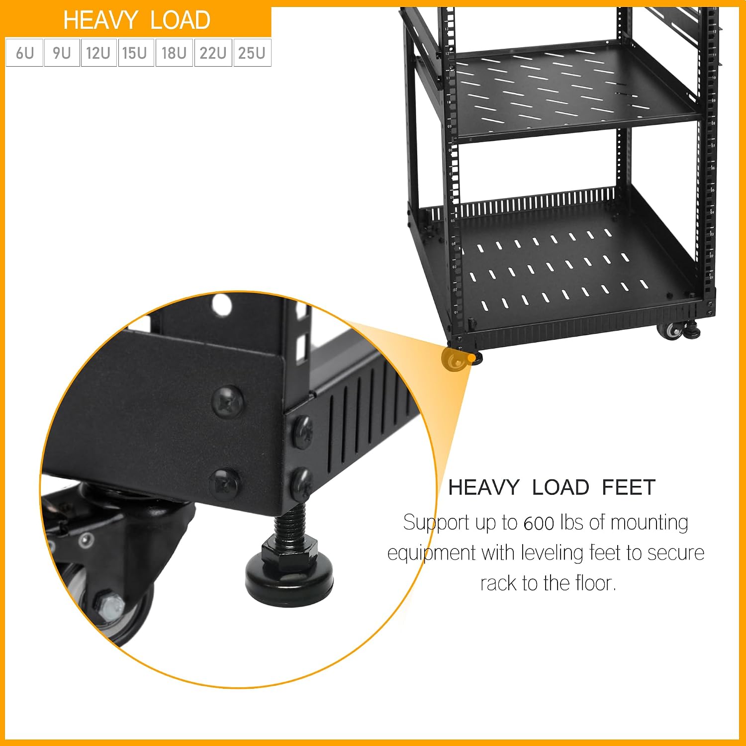 RIVECO 9U Network Rack with Reinforced Top Cover - 4 Post Floor Rack on Wheels for 19' Equipment & Stereo Gear- Including Rack Mount Power Strip & 1PCS 1U Rack Shelf