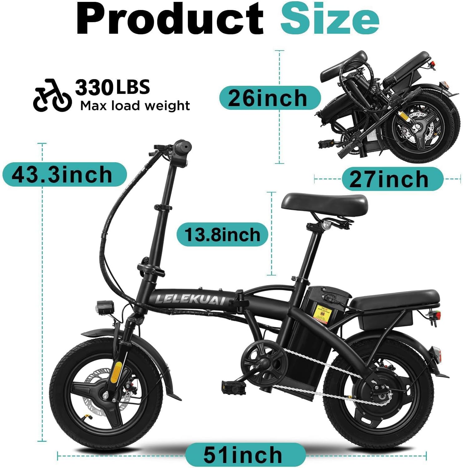 LELEKUAI Electric Bike for Adults and Teens, 520W-560W Motor, 20-24MPH, 32 Miles Range, 48V 10Ah Battery, 3-Level Pedal Assist, 14' Foldable Mini Electric Bicycle, UL 2849 Certified