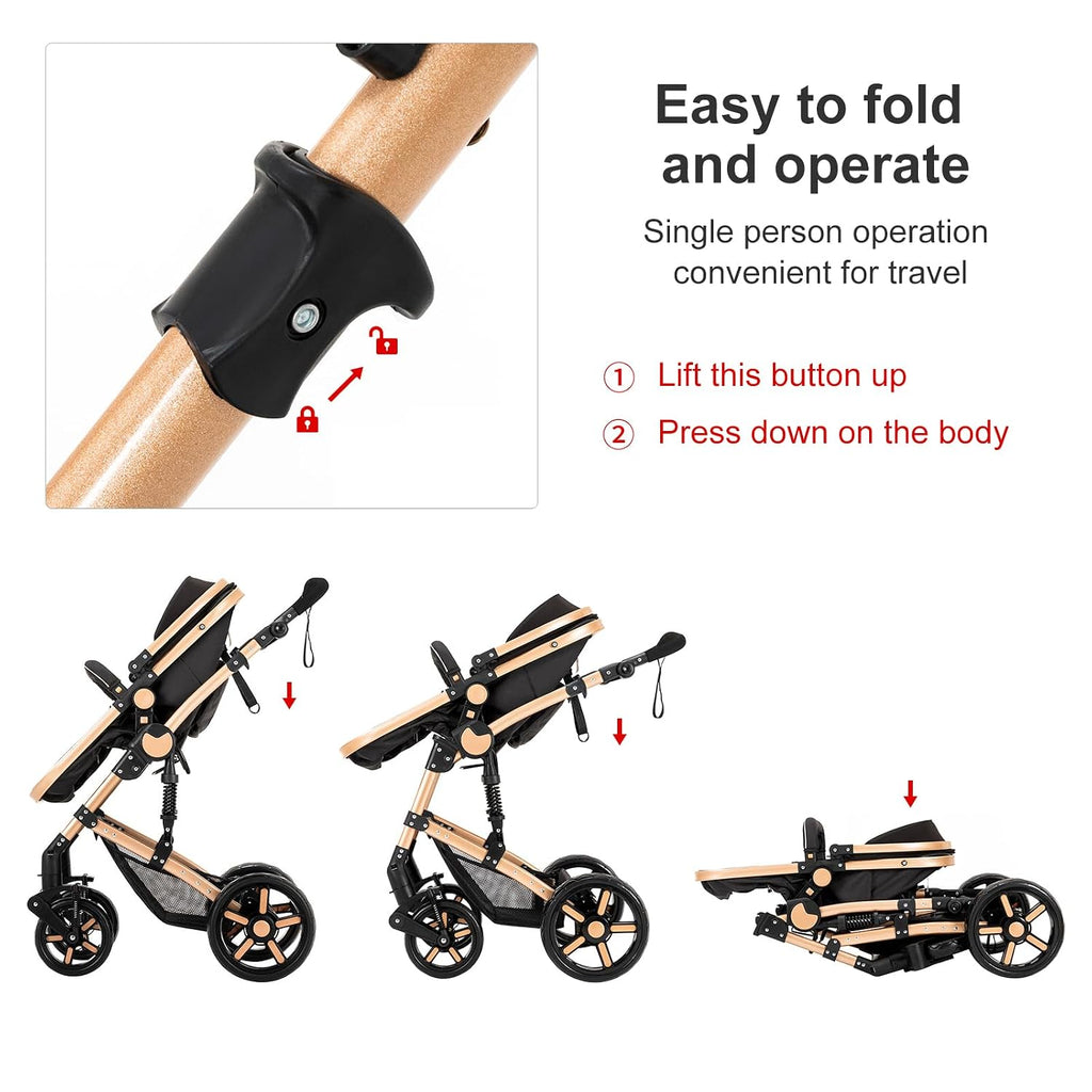 2 in 1 Baby Stroller Reversible Portable Standard Baby Stroller Convertible Pushchair Infant Buggy Baby Carriage Foldable High Landscape Pram for Toddler Newborn (2US588-KHAKI)