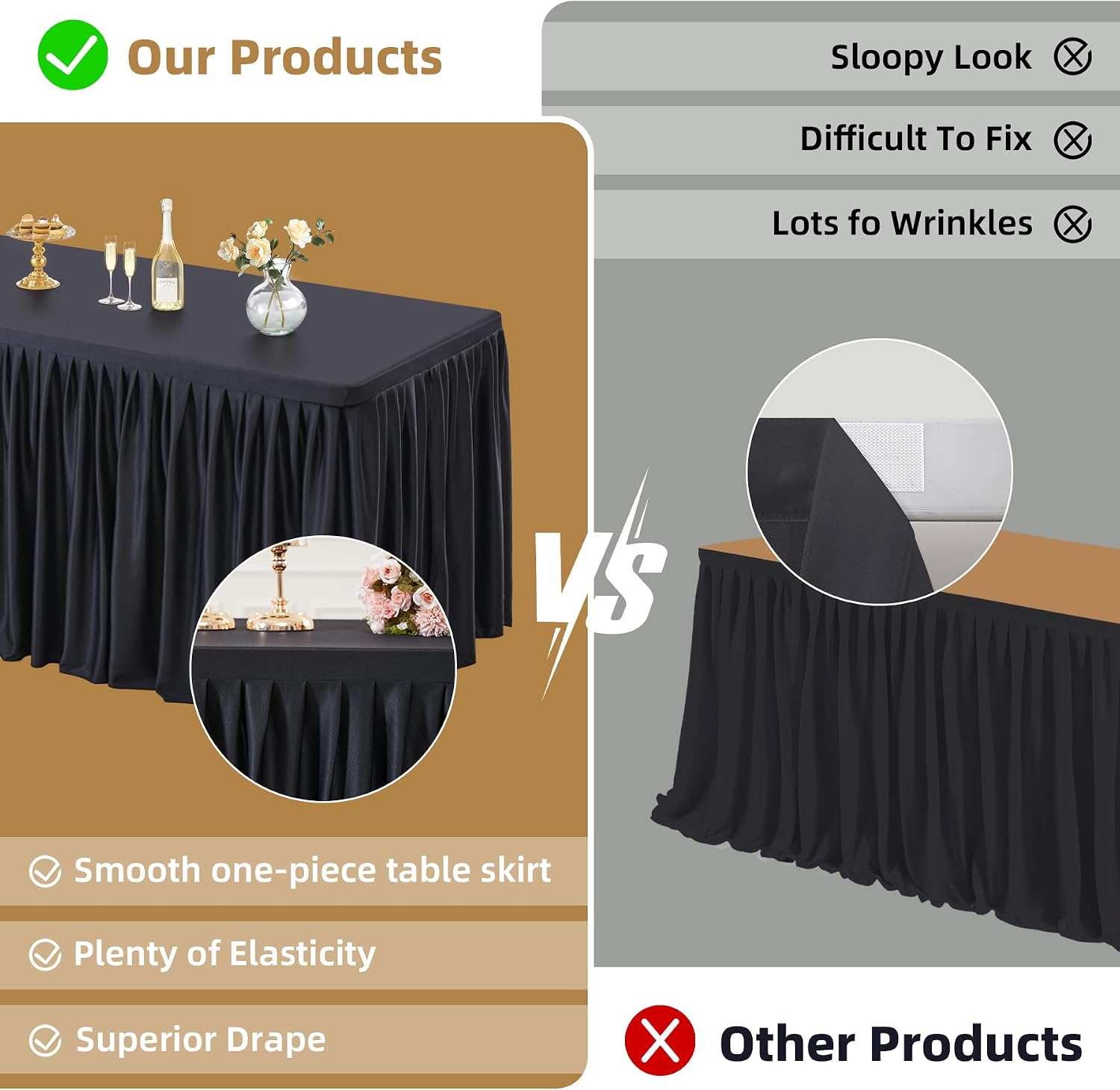 PARTISKY 6 Pack Black Tablecloths for Rectangle Tables 8ft, Wrinkle Resistant Black Table Cover Fitted Stretch Table Cloth with Pleated Ruffle Skirts for Party Banquet Dining Birthday Wedding