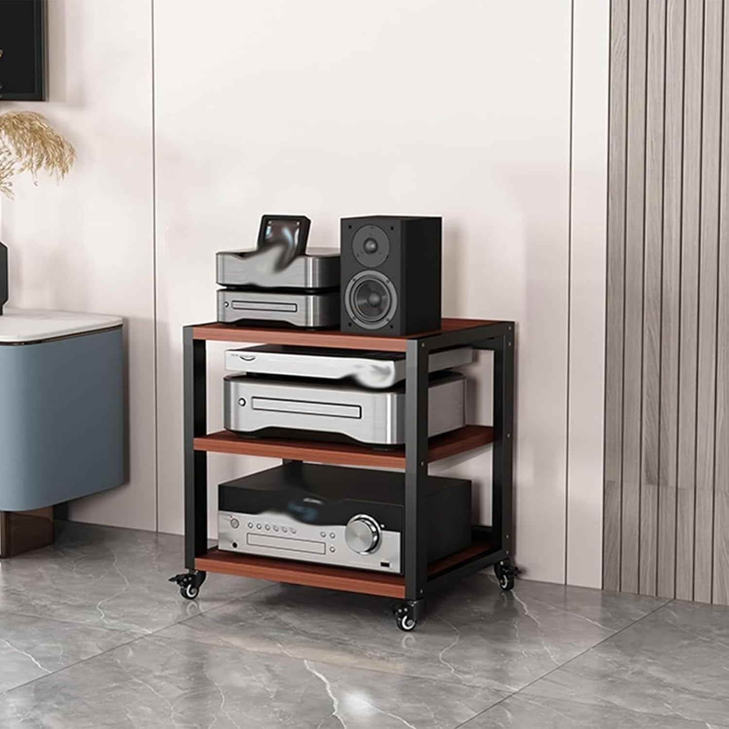 3-Tier Stereo Cabinet Furniture Equipment Shelf with Wheels, Mobile Corner Media Storage Stands Kitchen Organizer, Small Office Audio-Video Equipment Shelf (Size : 3 Tier (B))
