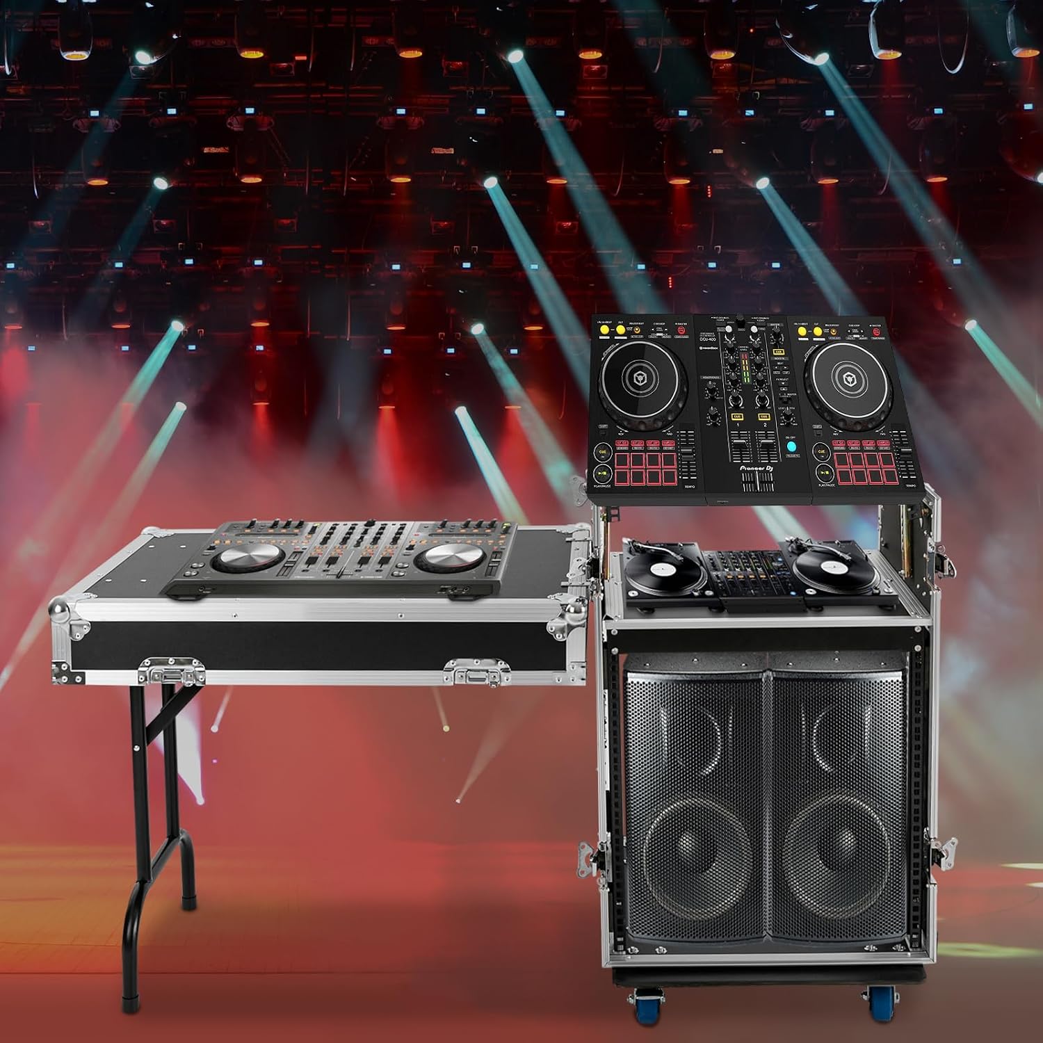 12U Mobile PA DJ Rack Road Case, Network & Stereo Rack with DJ Mixer Tops, Heavy-Duty 2-Tier Studio Equipment Cabinet with 4 Wheels, Amplifier Mixer Storage Stand for Live Sound, KTV, Home Theater