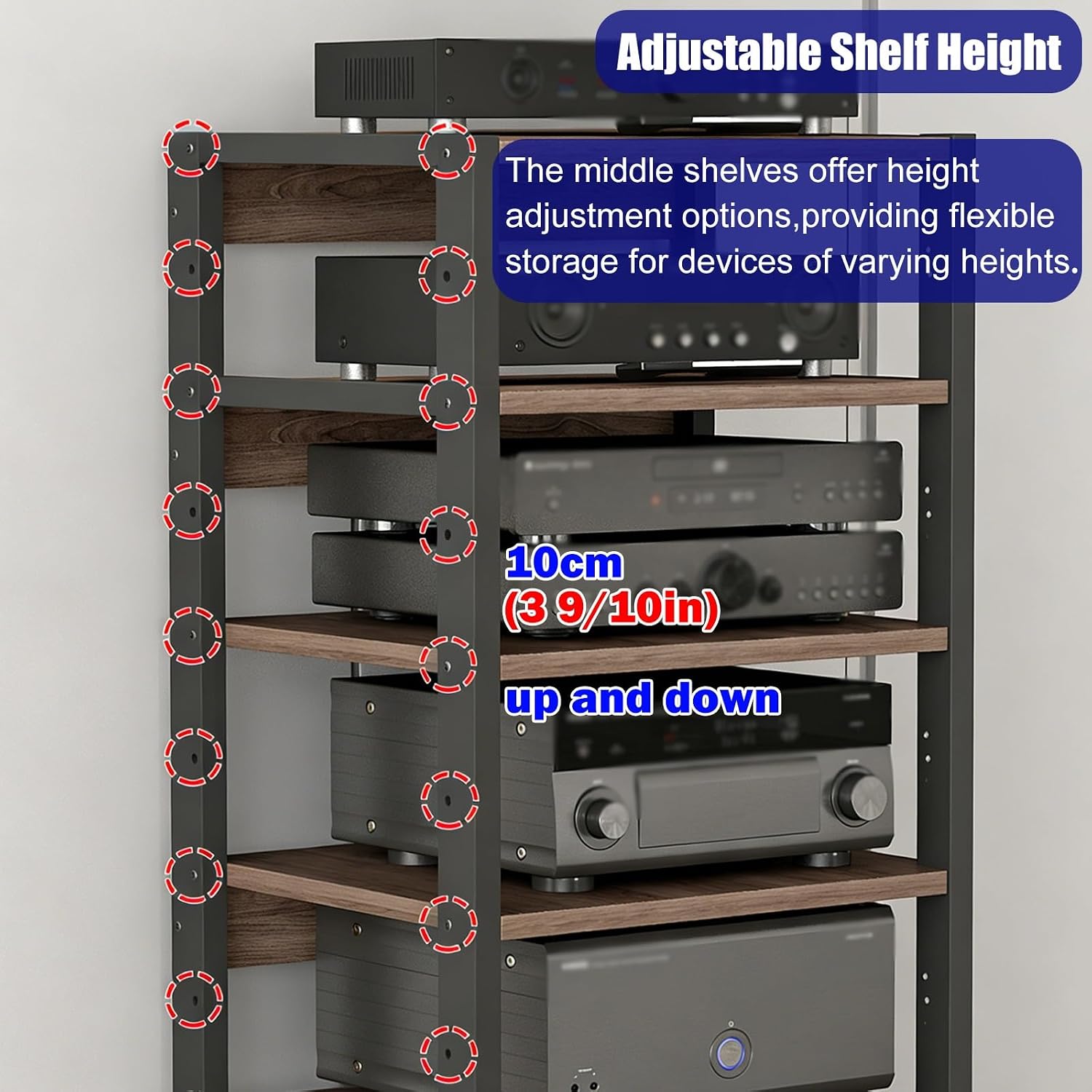 YLLFFLL Home Audio Rack with Wheels 3 4 5 Tier, Floor Standing Removable Stereo Cabinet Media Organizer Equipment Shelf, HiFi Stands with Height-Adjustable Shelf(W 19 7/10IN,4 Shelf)
