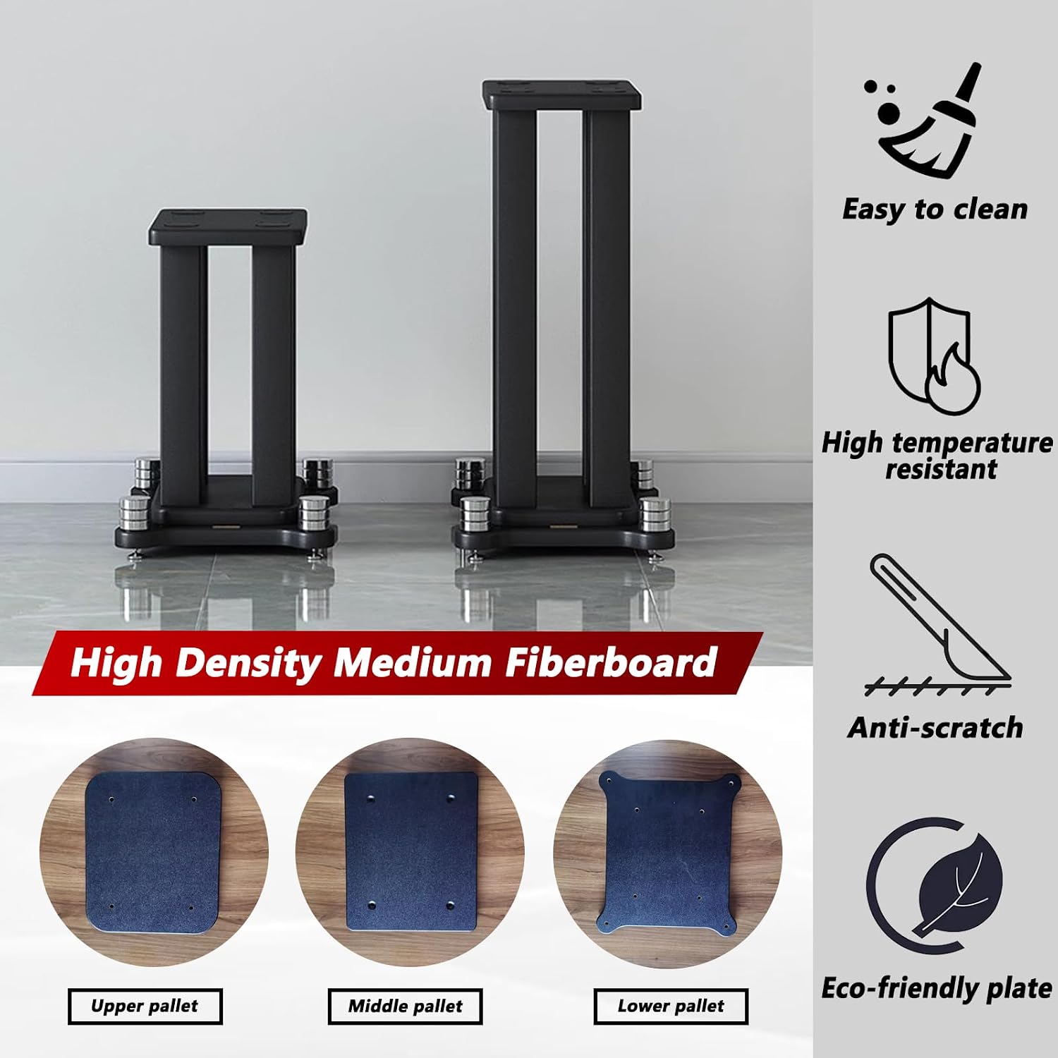 A Pair of Speaker Stands, Heavy Duty Speaker Stand Holds Bookshelf/Satellite/Large Speaker, Vibration-Absorbing MDF Design, 1.96×1.96in Metal Column Support,Holds 88lbs Speaker (Black, 7.8in)
