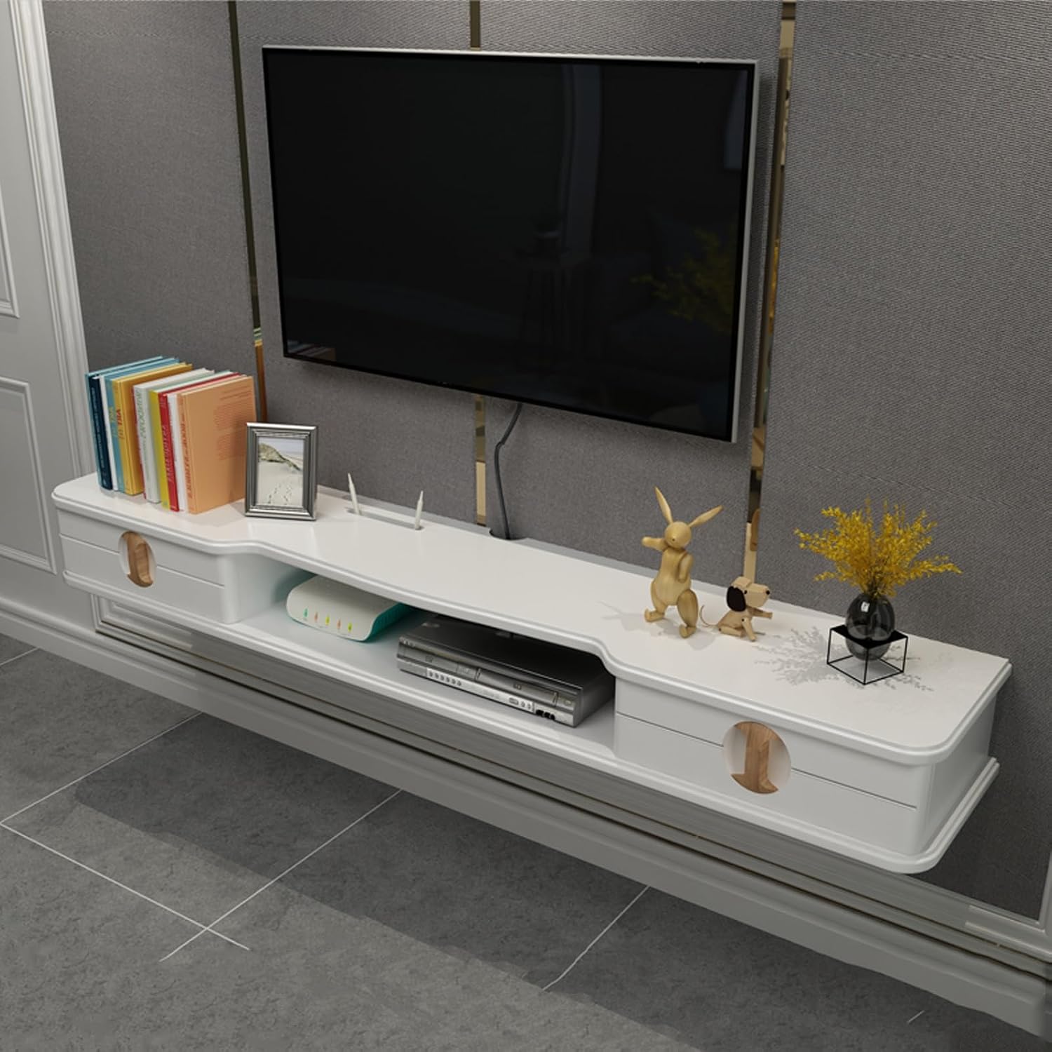 Floating TV Cabinet with Drawers, Wall Mounted Media Equipment Storage Stand, Modern Audio Visual Entertainment Equipment Console, Suitable for TVs Above 32 Inches (Color : White, Size : 13