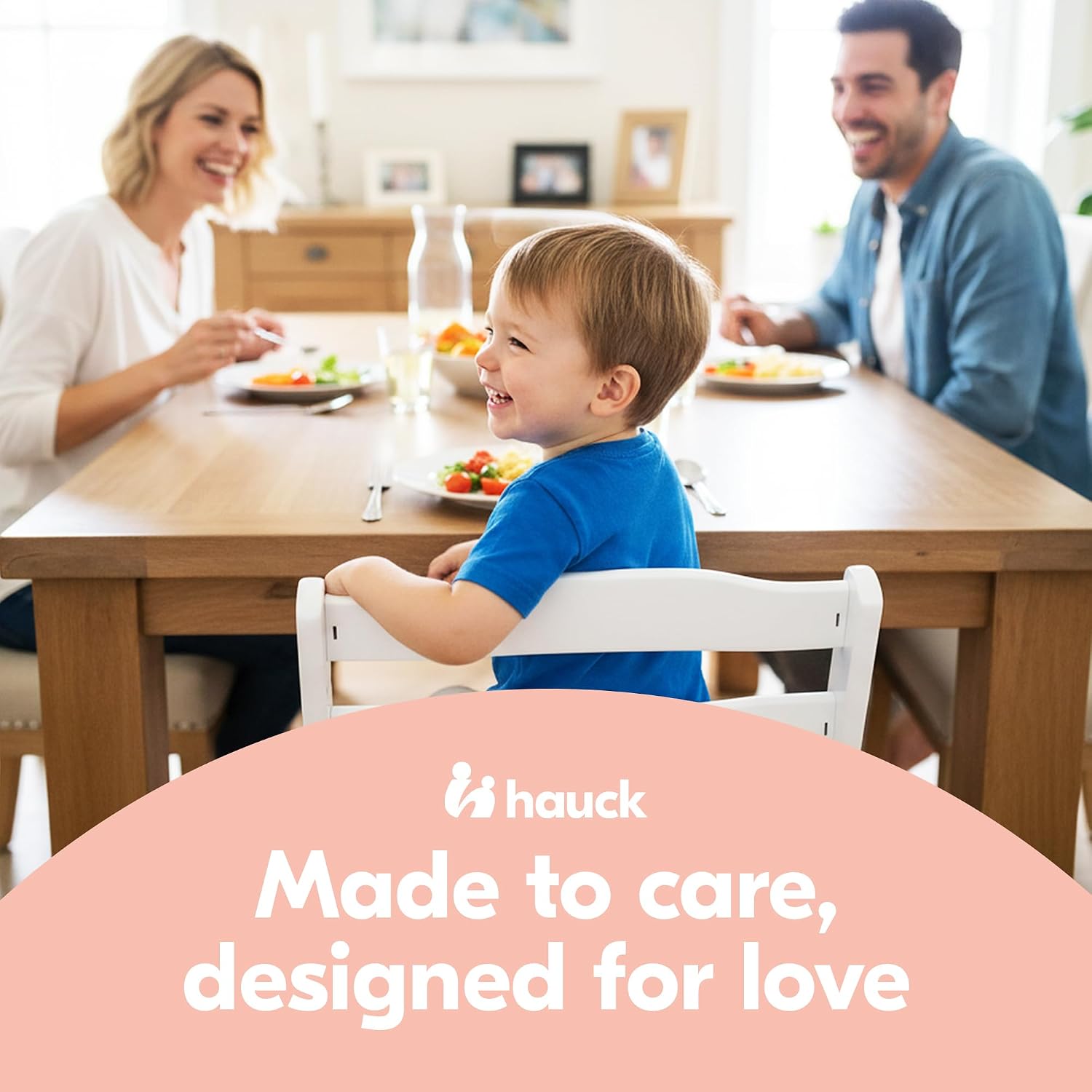 hauck Alpha+ Grow Along Seat Solid Beechwood Booster Chair with Adjustable Seat, 5 Point Safety Harness, & Bumper Bar for Infants & Toddlers, White