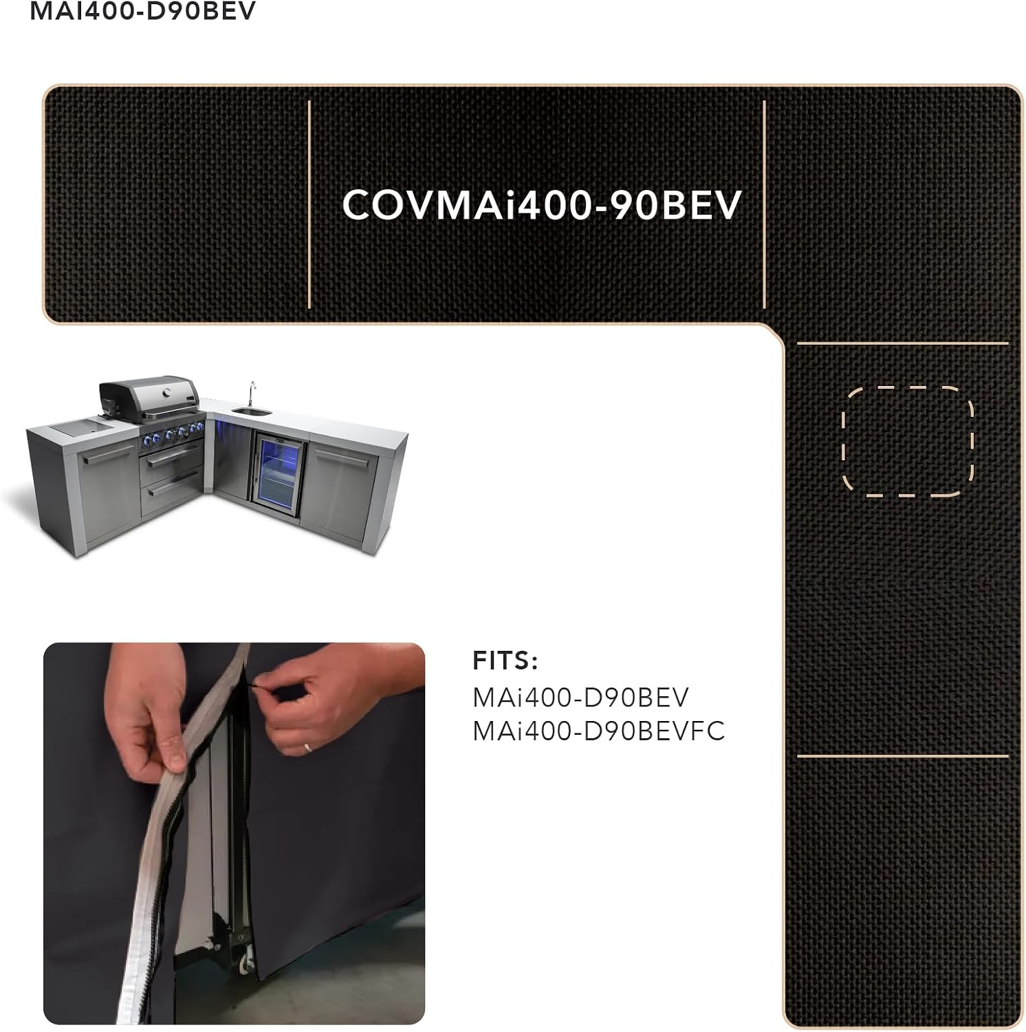 Mont Alpi Cover for 82' W x 88' D Original Deluxe Black 400 Series L-Shaped Outdoor Kitchen with Beverage Center - MAi400-90BEV / MAi400-D90BEV / MAi400-BSS90BEV / MAi400-D90BEVFC / MAi400-BSS90BEVFC