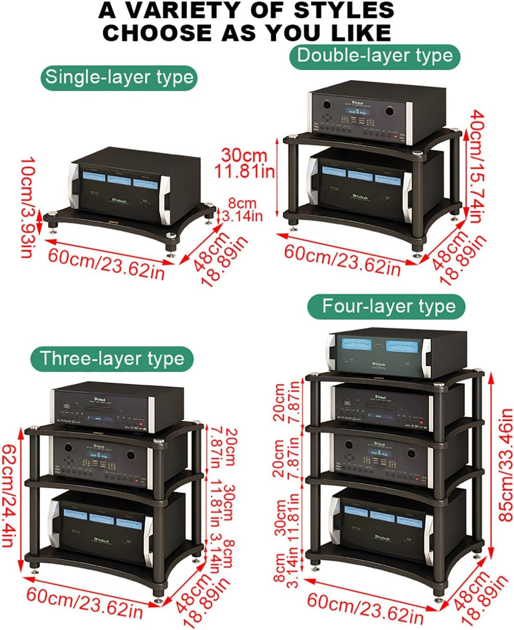 Floor-Standing Gaming Audio Rack - Space-Saving Media Stand with Shelves for Home Theater & Recording - Easy Assembly Black Audio-Video Storage (60x48x10cm)