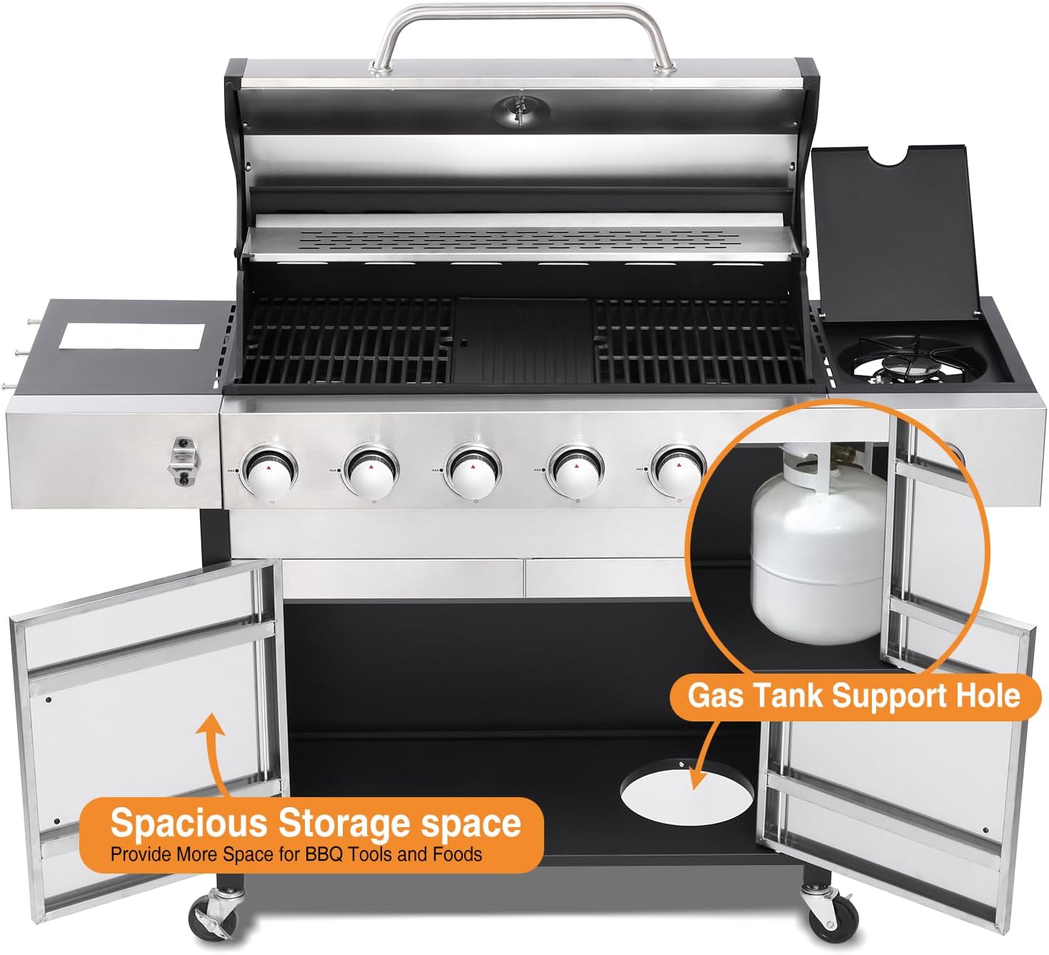 6 Burner Propane Gas Grill with Side Burner, Cast Iron Grates, Plate, Lid and Warming Rack, Large Cabinet Style BBQ Grill for Barbecue Grilling Backyard Cooking, 620 SQ. IN. Cooking Area