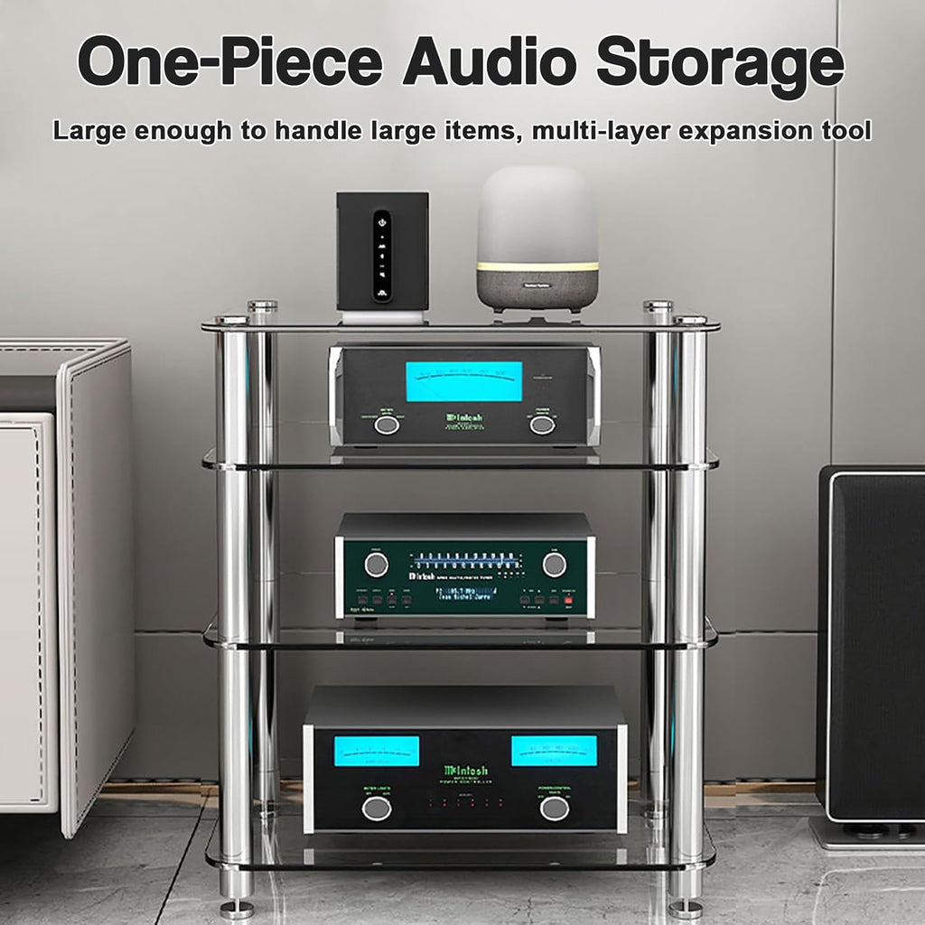 1/2/3/4 Tier Stereo Rack AV Media Stand with Tempered Glass Shelves, Audio Rack Tower CD Record Player Stereo Receiver AV Equipment Cabinet Display Stand,Clear,1 Tier