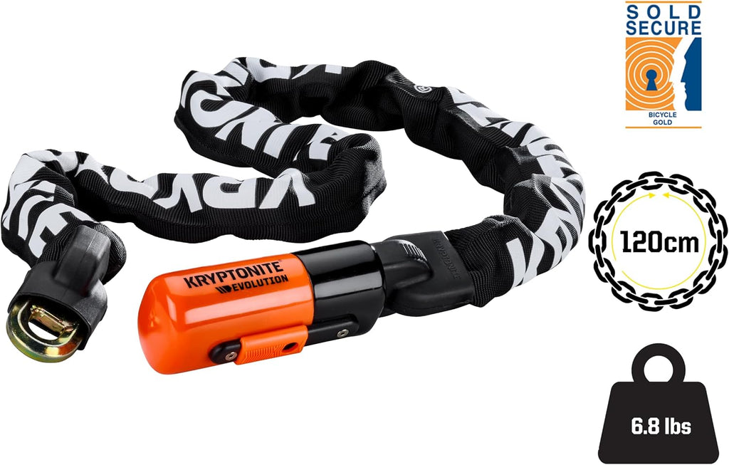 Kryptonite Evolution 1012 Bike Chain Lock, 4 Feet Long 10mm Steel Chain Heavy Duty Anti-Theft Sold Secure Gold Bicycle Chain Lock with Keys for E-Bike, Motorcycle, Scooter, Bicycle, Door, Gate, Fence