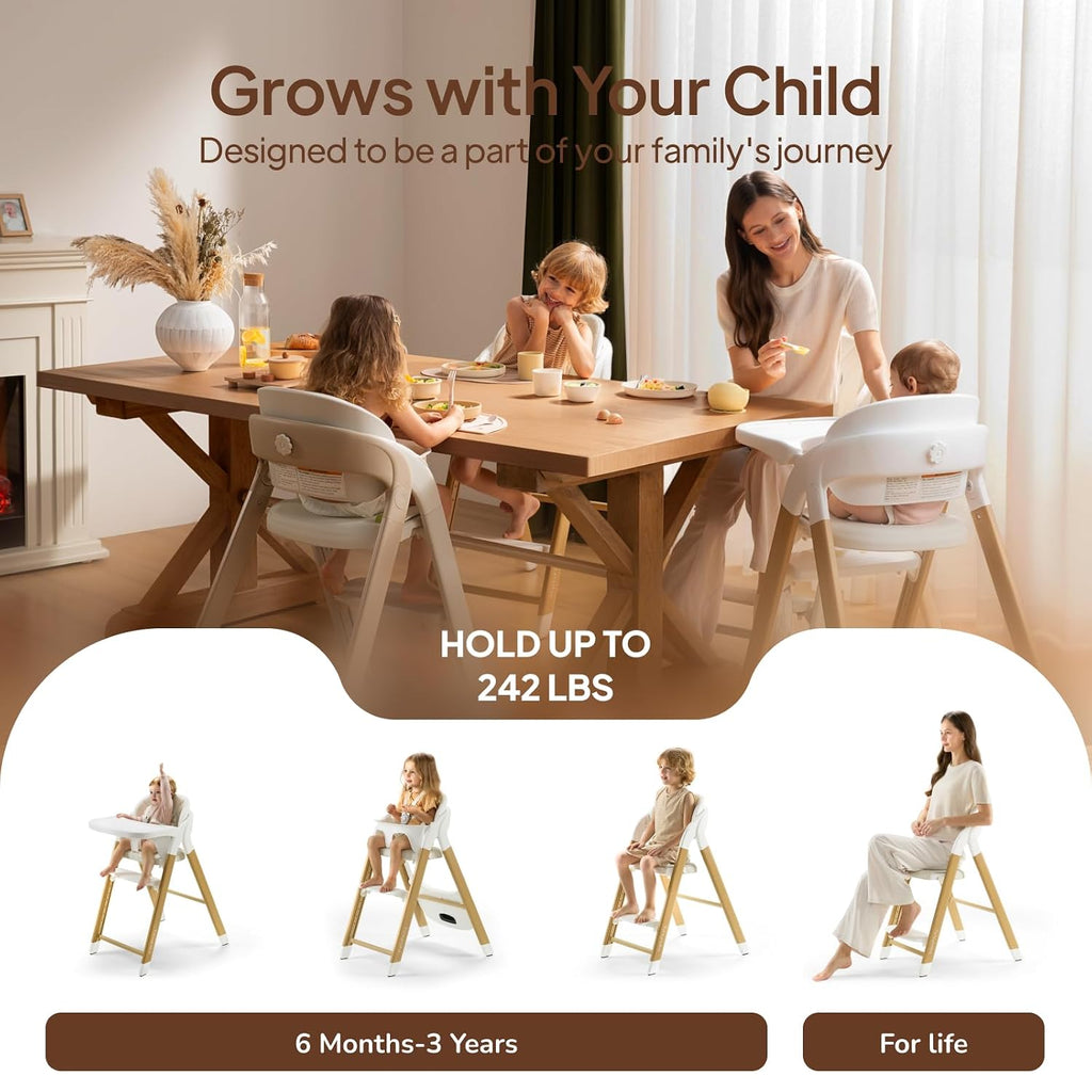 Tinyiota High Chair for Babies and Toddlers, Foldable & 8-Level Adjustable, One-Handed Removable Tray, Ergonomic Baby Highchair Convertible into Desk Chair for Toddler to Adult (Wood Color)
