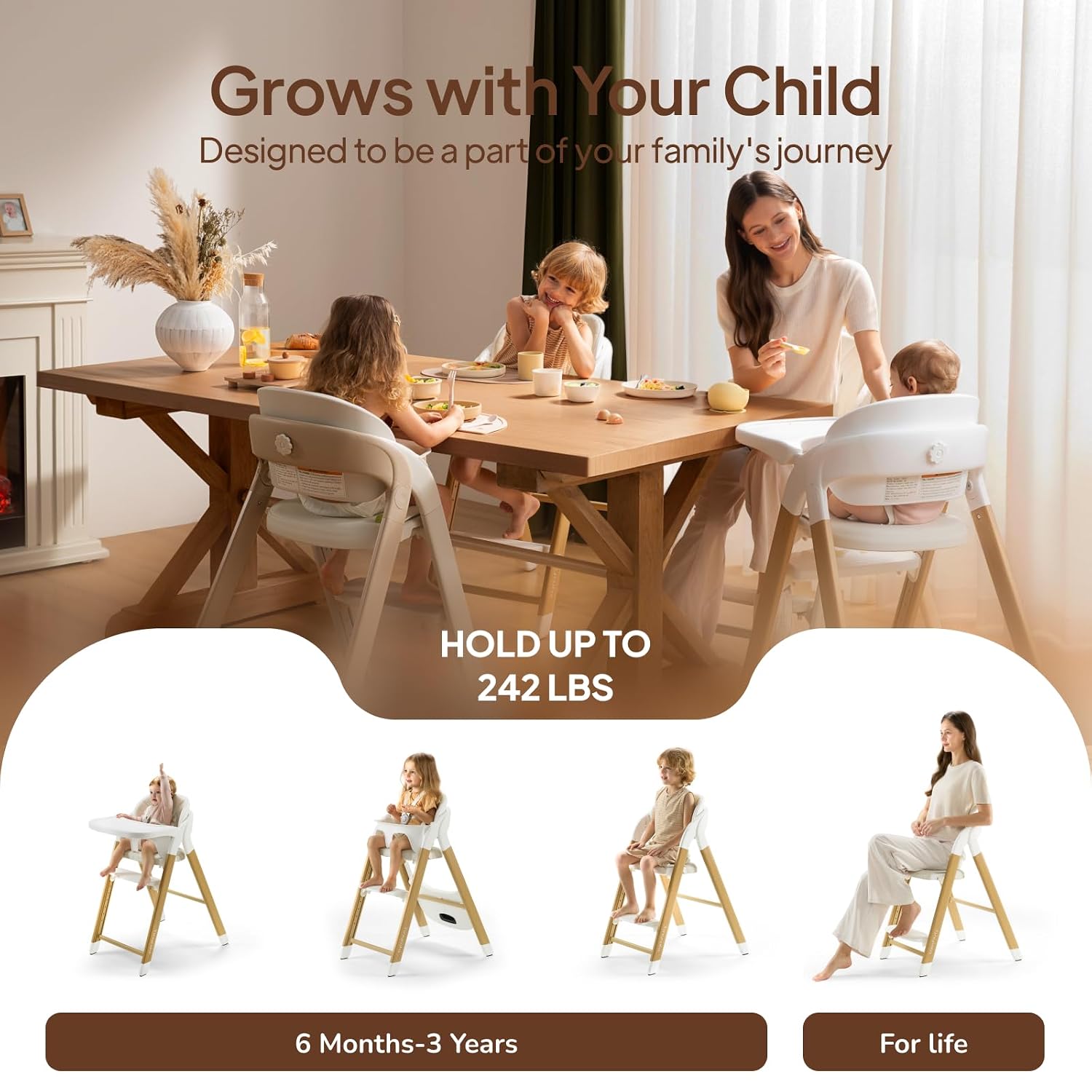 Tinyiota High Chair for Babies and Toddlers, Foldable & 8-Level Adjustable, One-Handed Removable Tray, Ergonomic Baby Highchair Convertible into Desk Chair for Toddler to Adult (Wood Color)