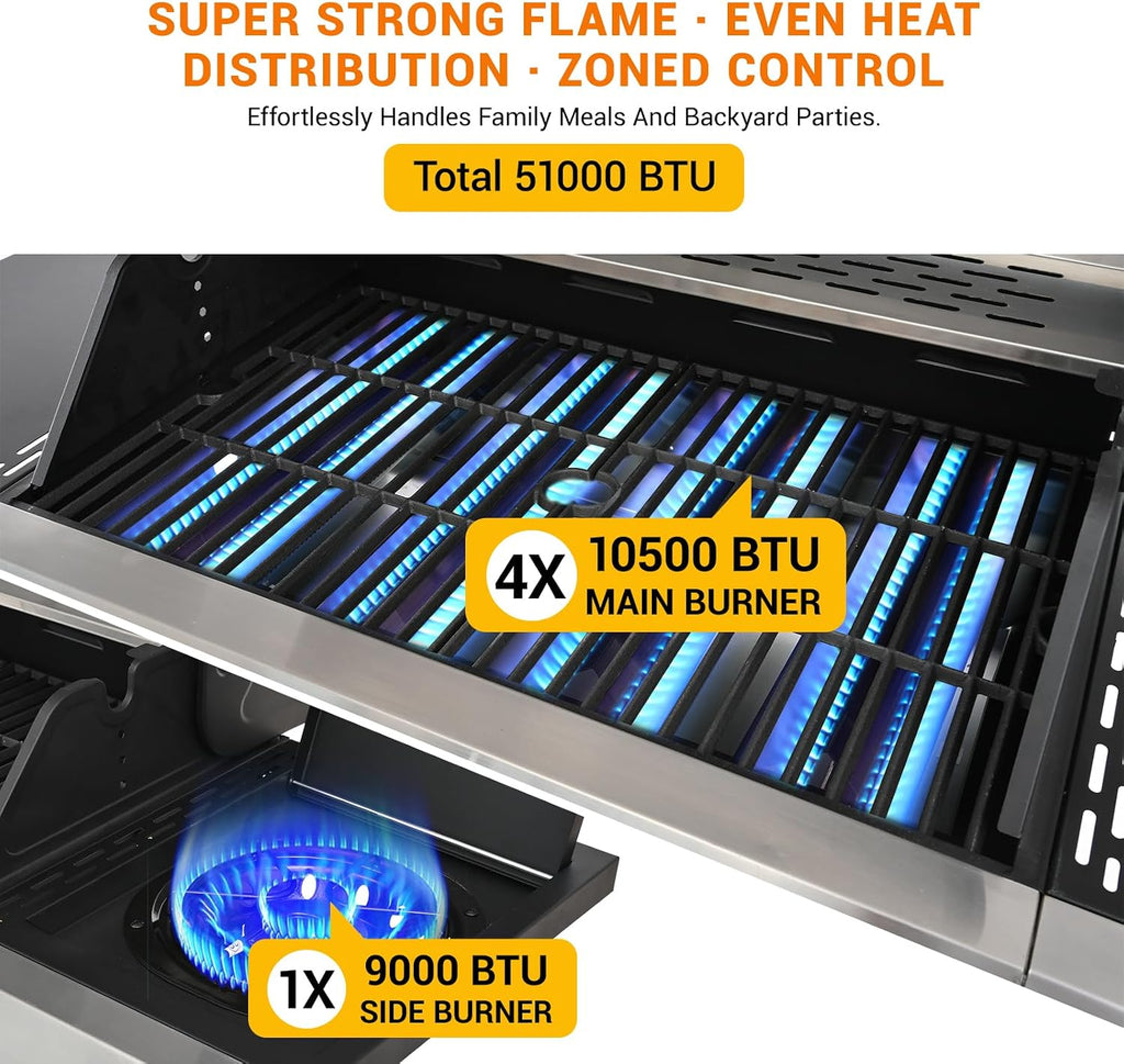 EUHOME Upgraded 51,000 BTU Stainless Steel Burner Barbecue Grill, 4 Burner BBQ Propane Gas Grill with Side Burner, 452 sq. in Cooking Area with Porcelain for Patio, Camping, Outdoor Cooking