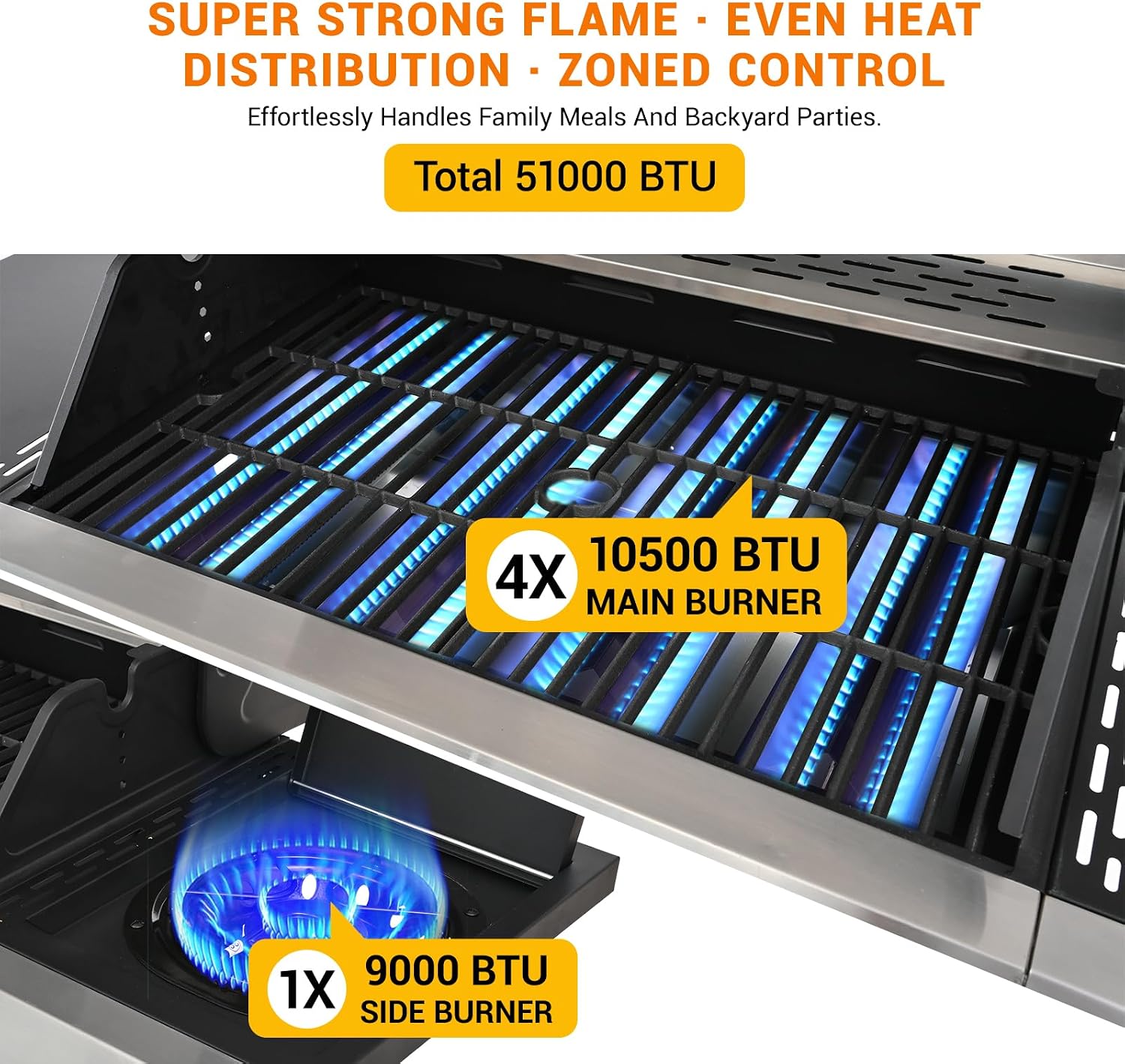 EUHOME Upgraded 51,000 BTU Stainless Steel Burner Barbecue Grill, 4 Burner BBQ Propane Gas Grill with Side Burner, 452 sq. in Cooking Area with Porcelain for Patio, Camping, Outdoor Cooking