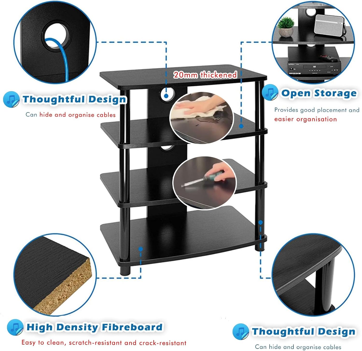 Av Media Stand Corner, 23 31 Inch Height Stereo Components Rack/Cabinet, Industrial Audiovideo Unit for Home, Electronics Equipment Shelf Entertainment Center,4tier