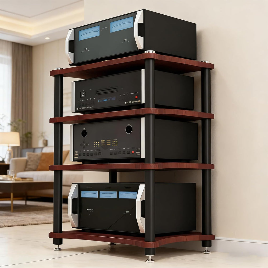 Heavy Duty Audio Component Rack, Large Storage Space AV Media Stand with Shock-Absorbing Foot pegs, Audio Rack Tower CD Player Stand for Home/Office/Audio Video/Theate (Teak, 4th)