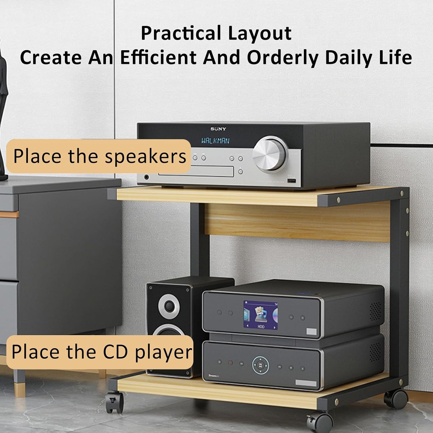Modern 2-Tier AV Media Stand with Wheels - Adjustable Wooden Shelves, Corner Shelf Media Console Cabinet for Stereo & Storage (Deep Black, 50x40x)
