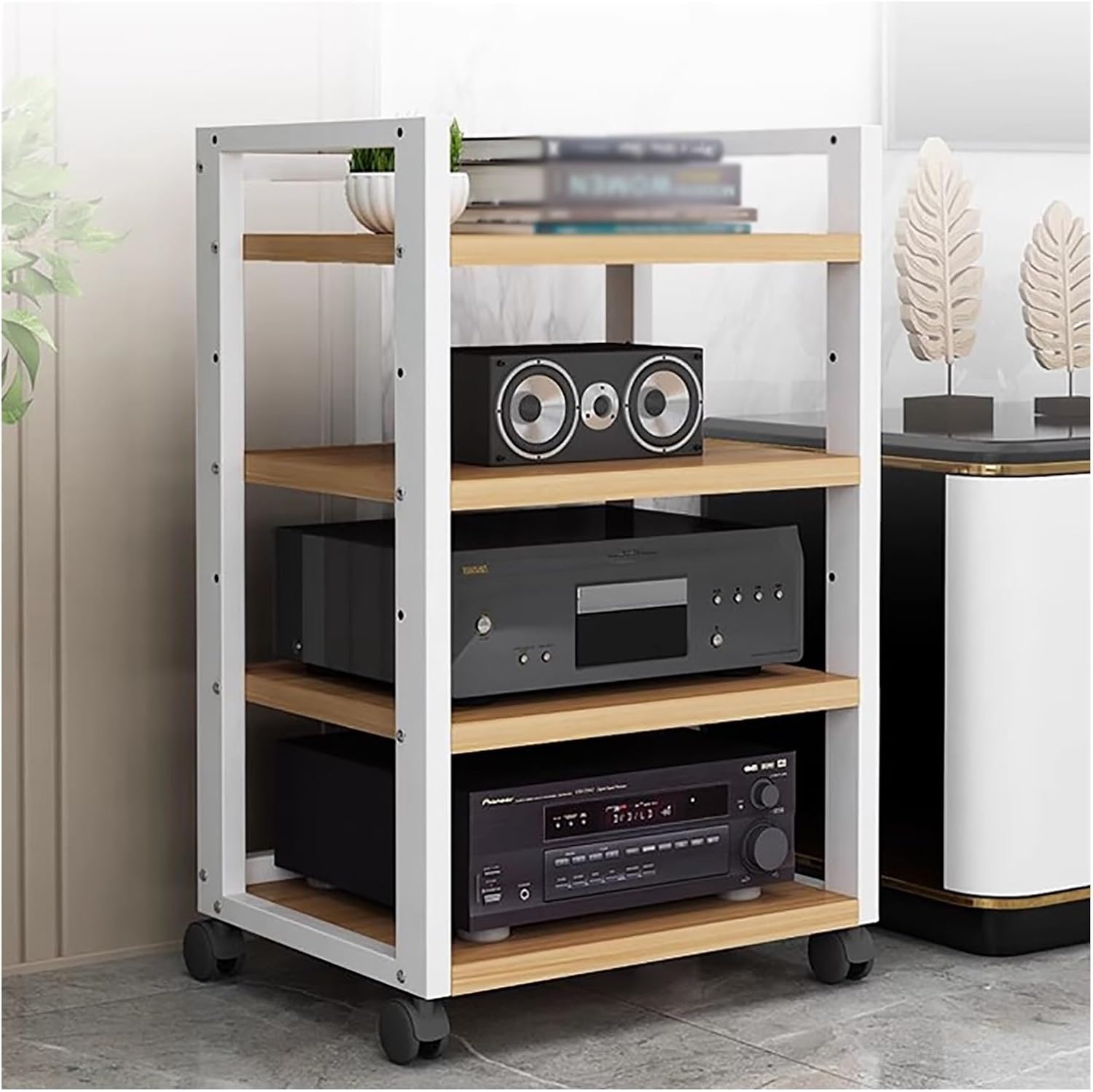 JYHHCYS Audio Component Rack Media Stereo Stand Equipment Shelf 3 4 5 Tier, Free Standing Heavy Duty Media Storage Stands on Wheels, Commercial Home (Color : White-#2, Size : 4 Layer)