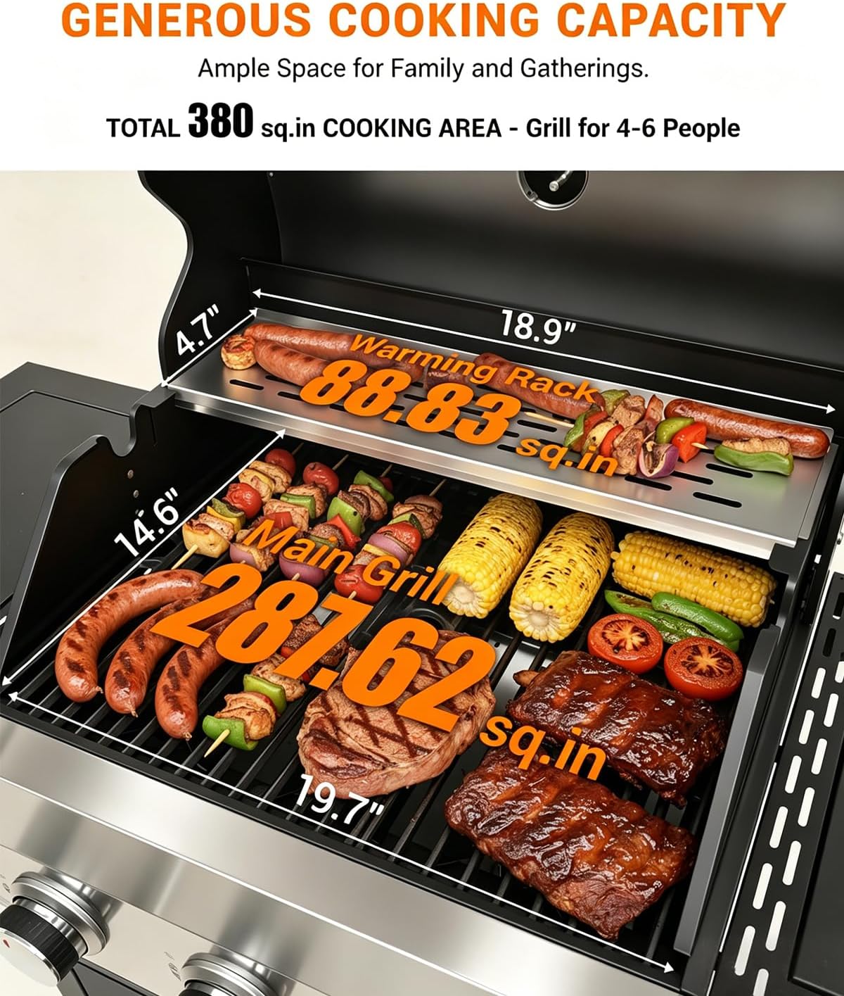 EUHOME 40,500 BTU 3-Burner Propane Gas Grill with Side Burner, Stainless Steel Outdoor BBQ Grill with 380 sq.in Cooking Space, 4 Swivel Casters & Cast Iron Grates for Patio Backyard Garden