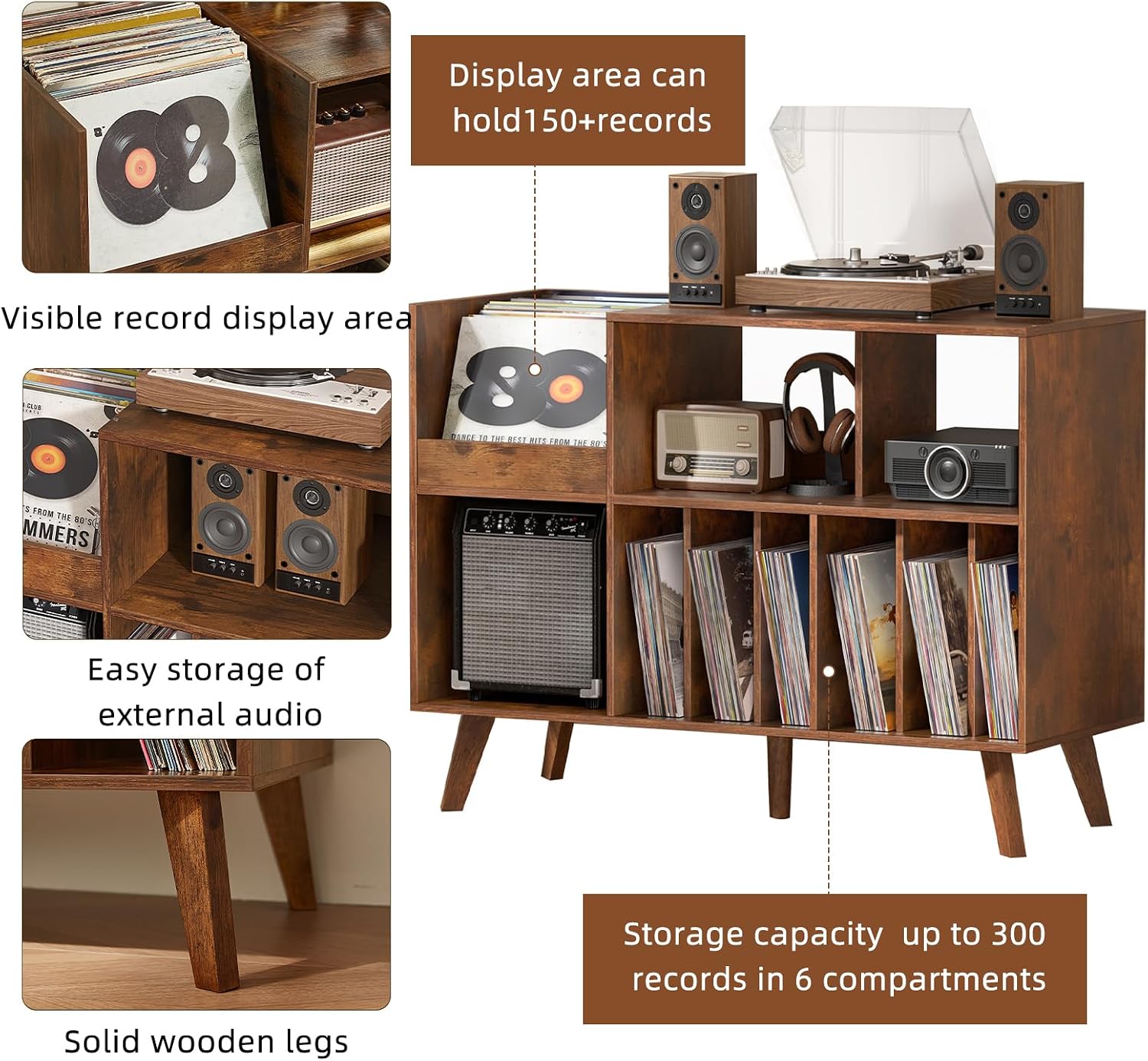 LELELINKY Large 48'' Record Player Stand with Storage, Vinyl Record Storage Holder with Display Area, Turntable Stand Record Player Table Holds Up to 450 Albums,Record Stand for Music Room Living Room