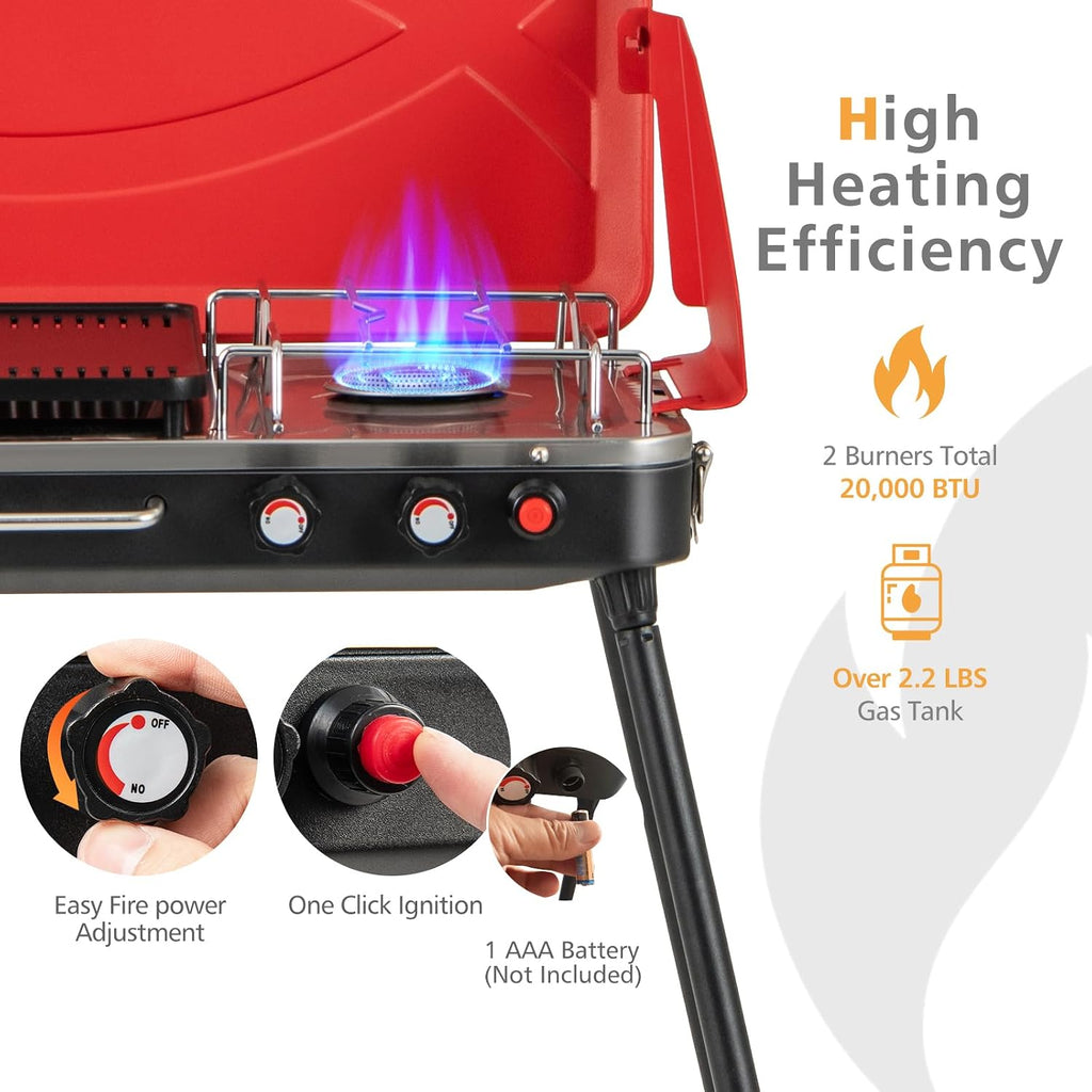 Giantex Portable Propane Grill & Camping Stove, 20,000 BTU Gas Camping Grill Burner, Independent Temperature Control, 3-Sided Wind Guard, Detachable Legs, for BBQ, Tailgating, Outdoor Cooking (Red)
