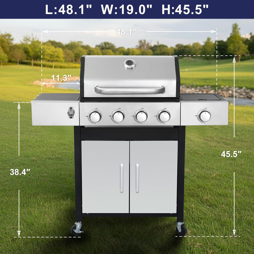 49000 BTU Output Propane Gas Grill with Side Burner and 4 Main Burners - Double-layer Stainless Steel Lid, Cast Iron Grids and Plate, Easy-Clean Grease Management for Perfect BBQs