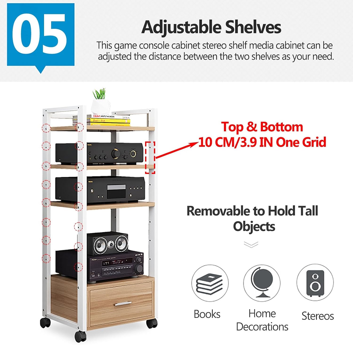 AV Media Stand Corner Shelf - Rack Audio Tower with Adjustable Shelves - 79 100 120cm Tall Shelf Stand with Wheels - Audio Equipment Rolling Cart Rack Portable for Home, 5Tiers-120cm Tall